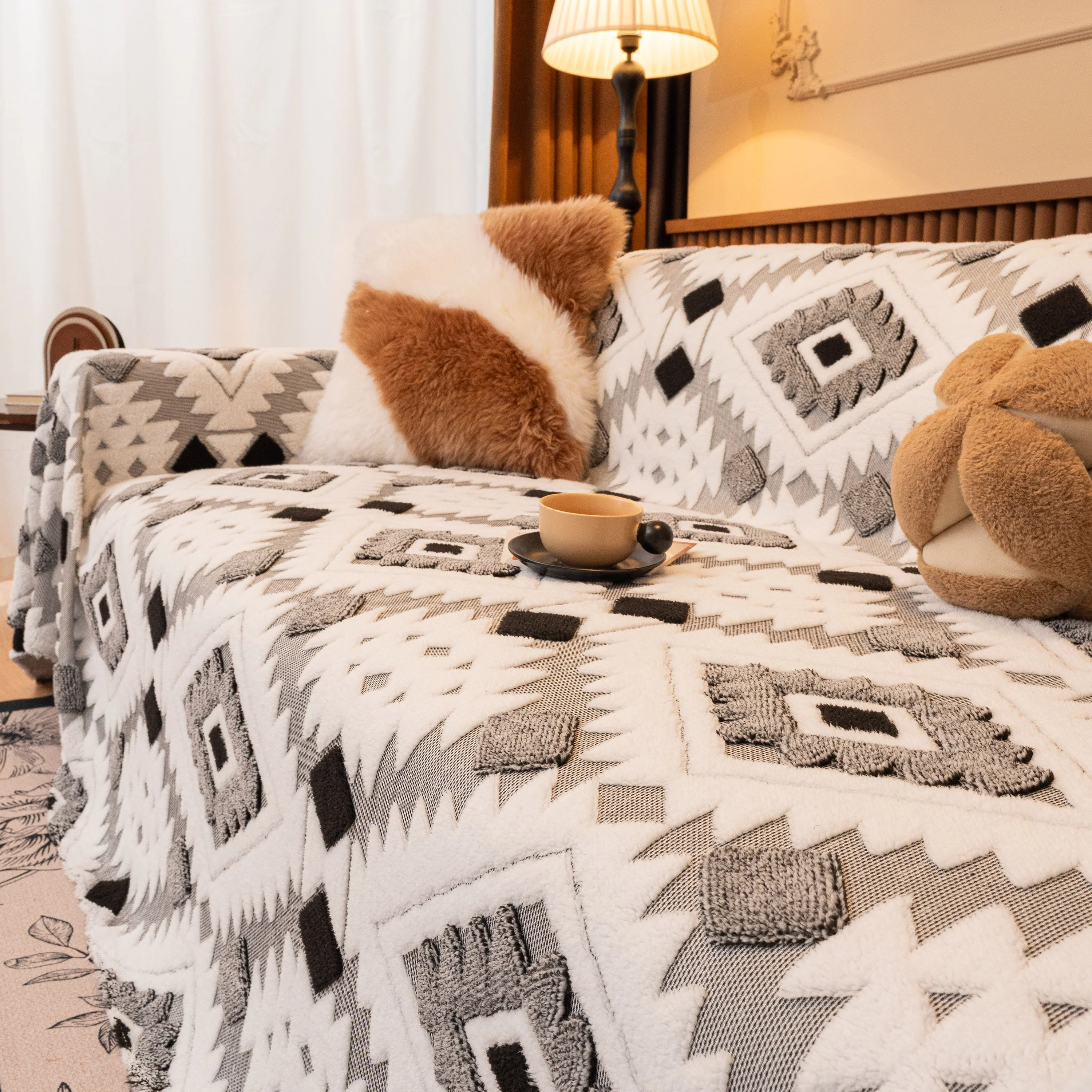 Bohemian Tufted Sofa Cover, Soft Sherpa Fleece Throw Blanket with 3D Aztec Geometric - Image 22