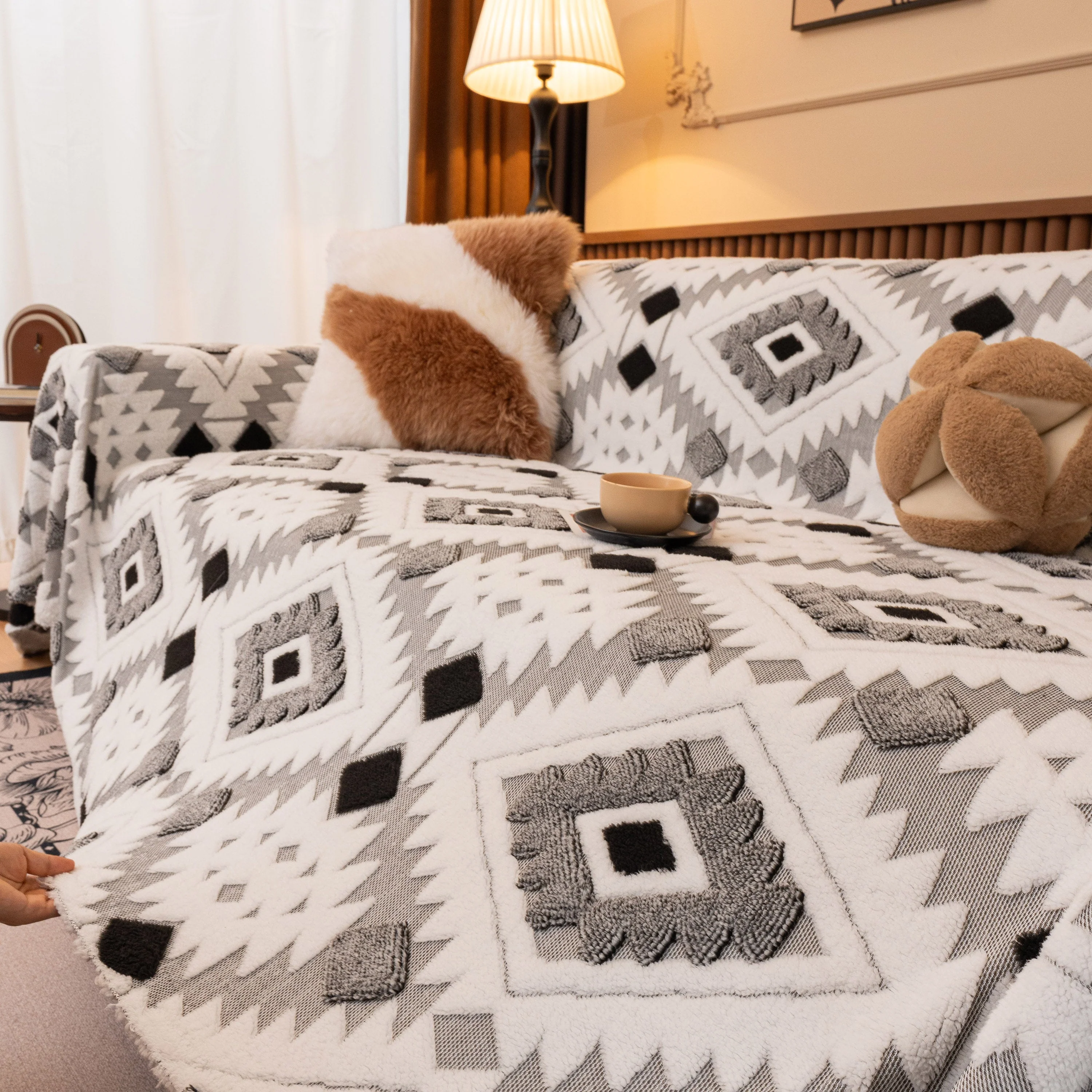 Bohemian Tufted Sofa Cover, Soft Sherpa Fleece Throw Blanket with 3D Aztec Geometric - Image 23