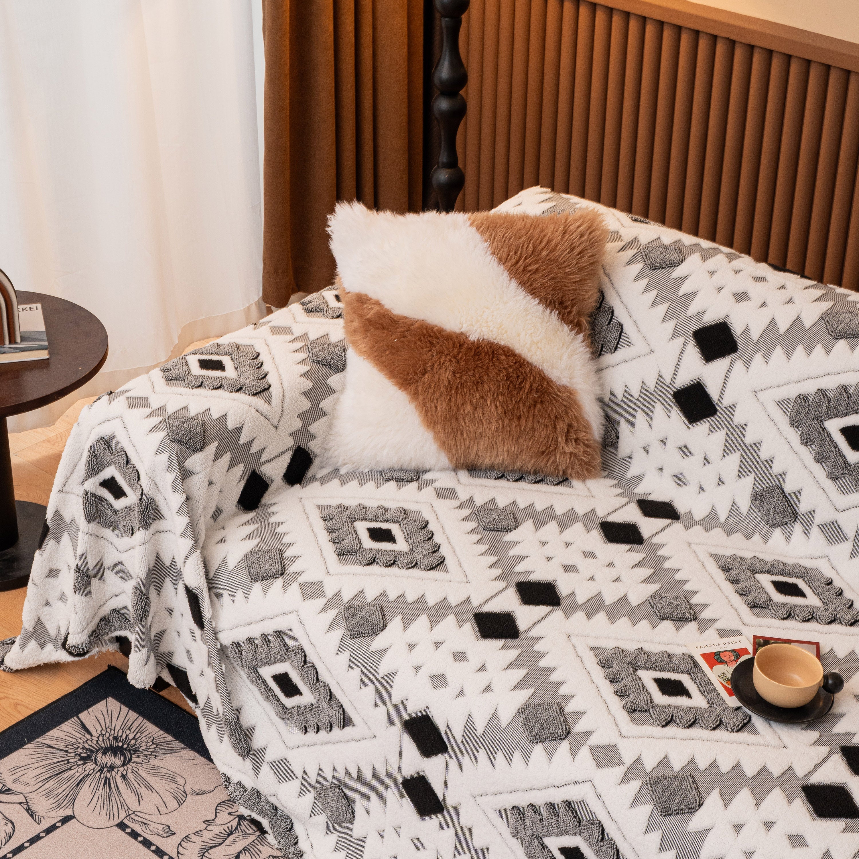 Bohemian Tufted Sofa Cover, Soft Sherpa Fleece Throw Blanket with 3D Aztec Geometric - Image 24
