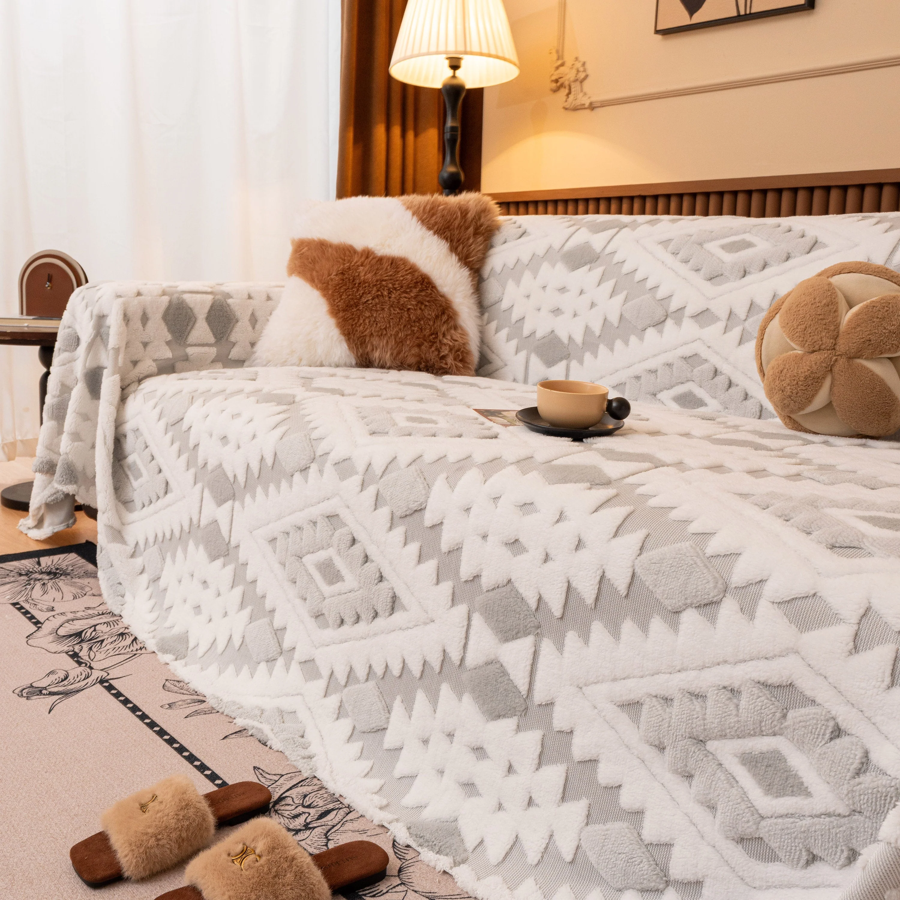 Bohemian Tufted Sofa Cover, Soft Sherpa Fleece Throw Blanket with 3D Aztec Geometric - Image 26