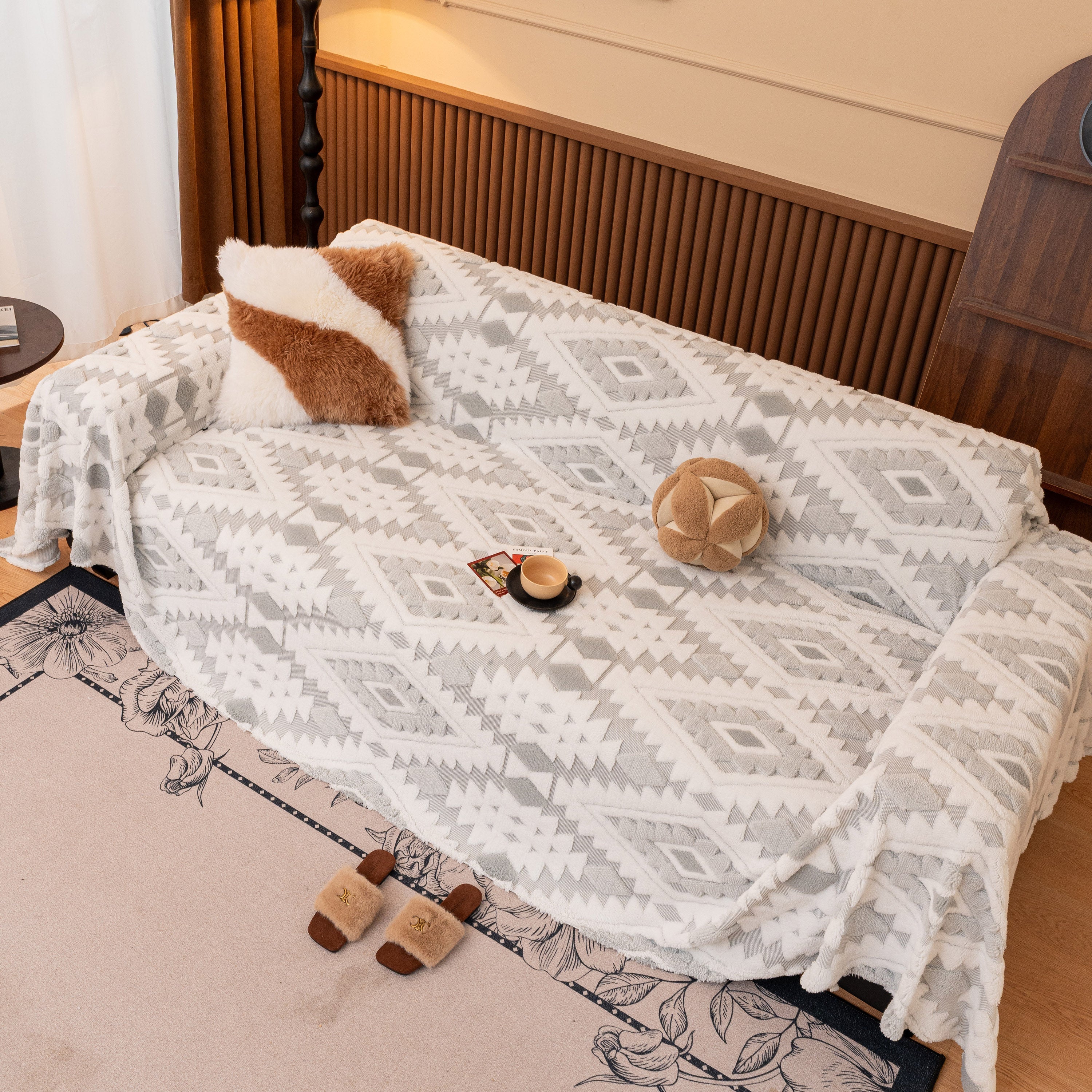 Bohemian Tufted Sofa Cover, Soft Sherpa Fleece Throw Blanket with 3D Aztec Geometric - Image 28