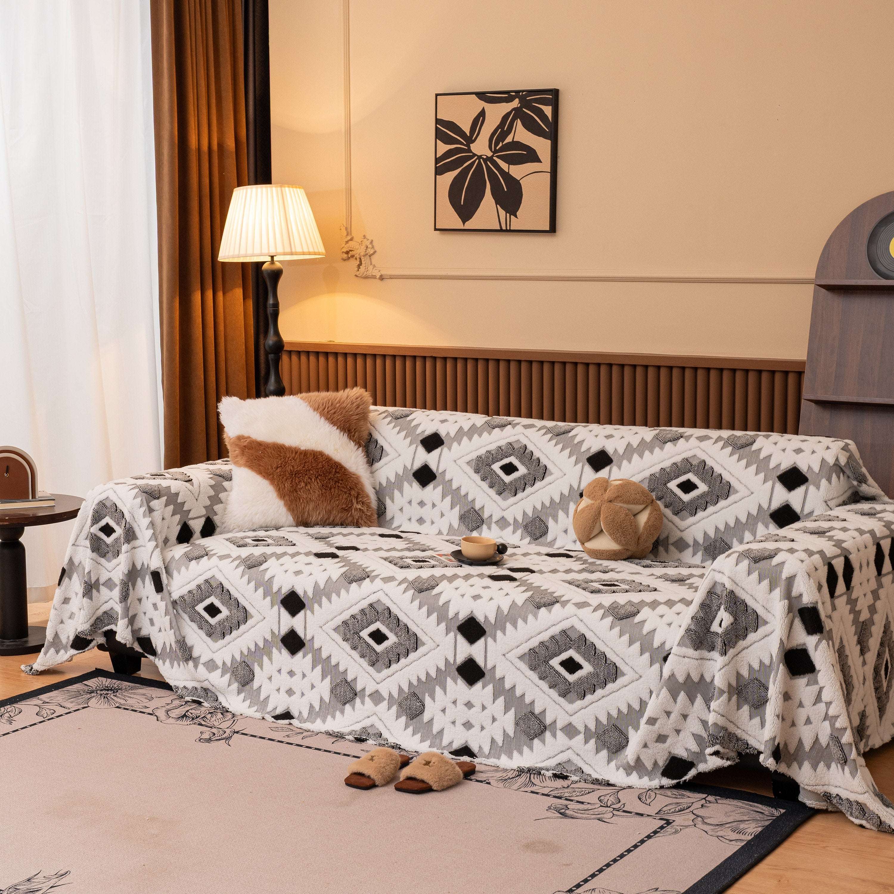 Bohemian Tufted Sofa Cover, Soft Sherpa Fleece Throw Blanket with 3D Aztec Geometric - Image 3