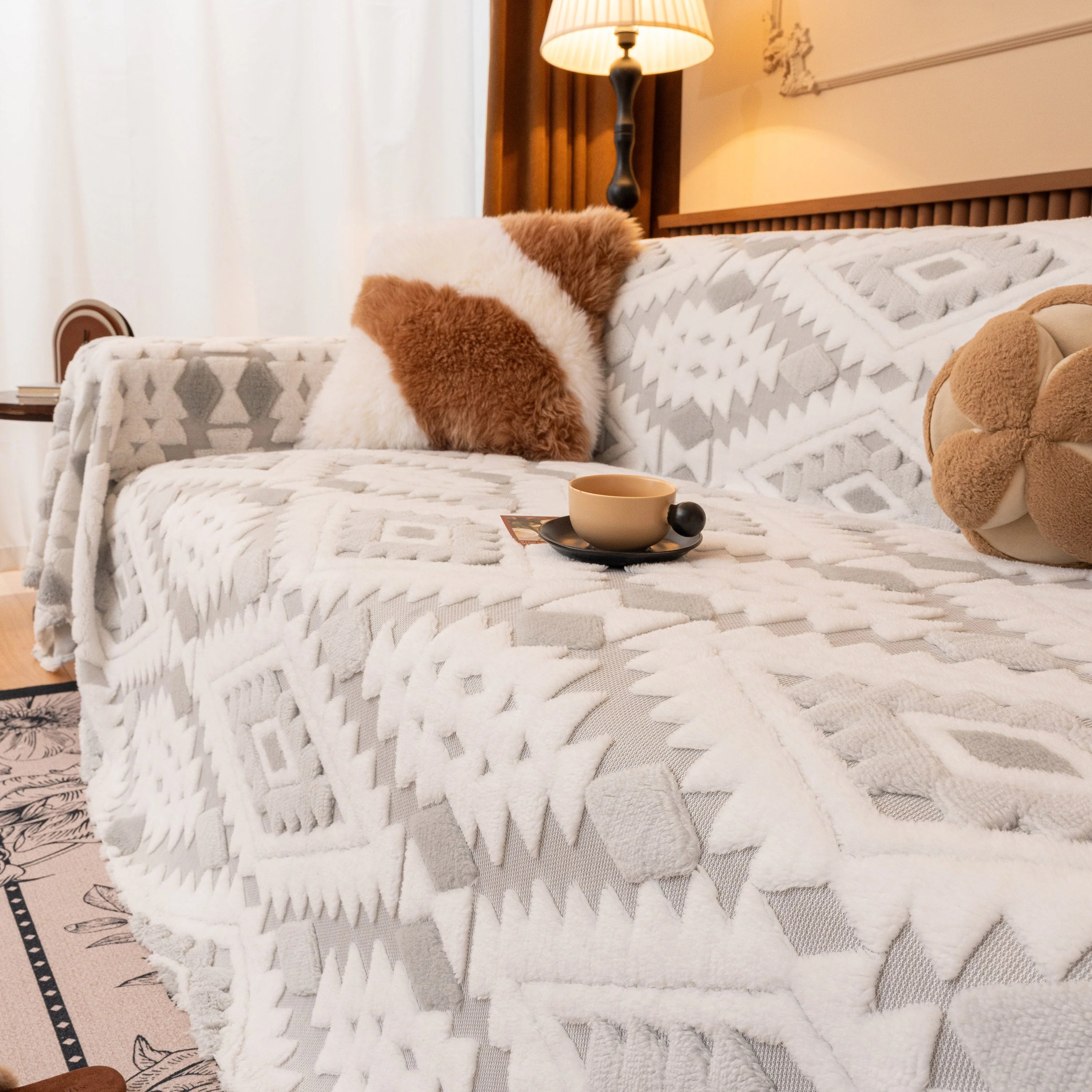 Bohemian Tufted Sofa Cover, Soft Sherpa Fleece Throw Blanket with 3D Aztec Geometric - Image 31