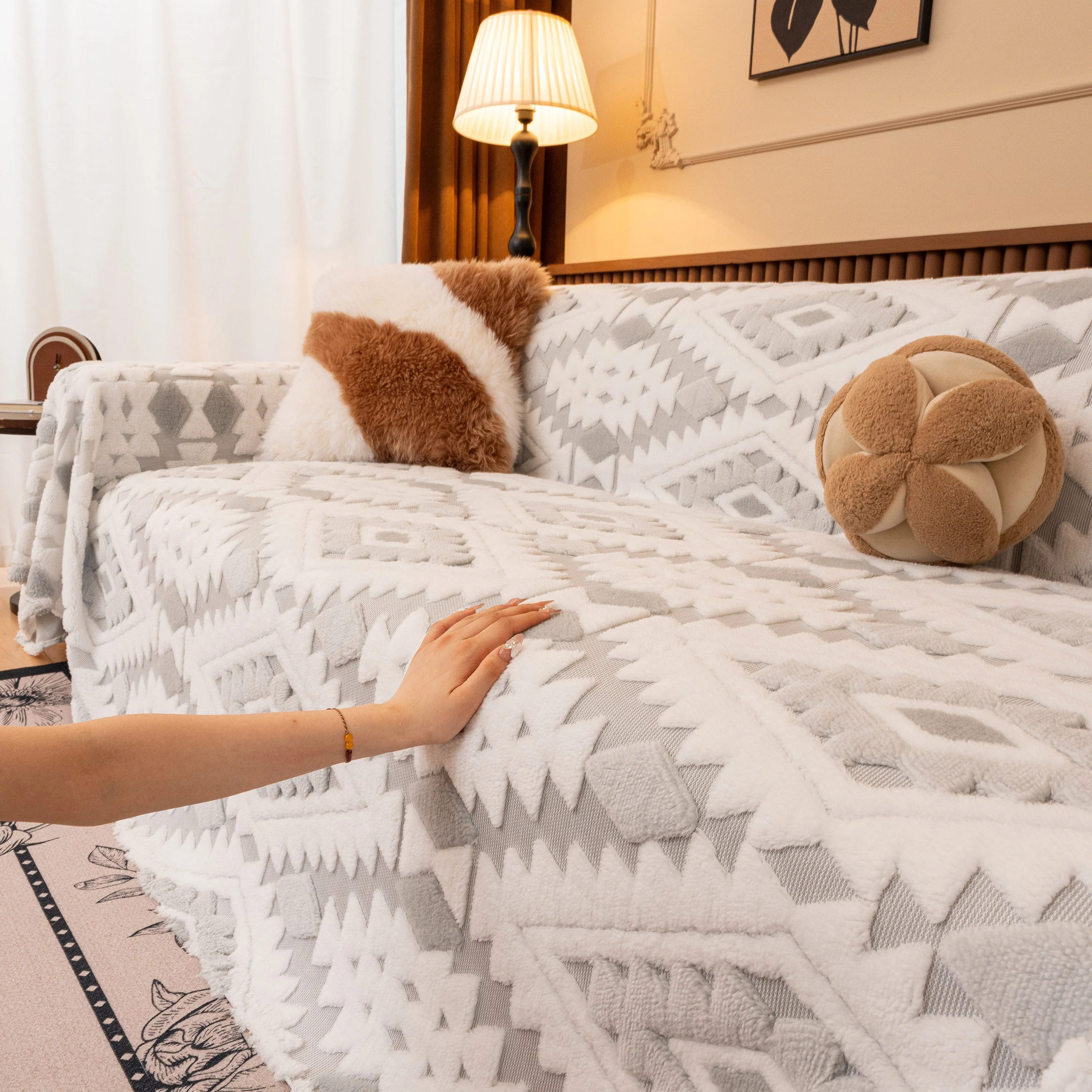Bohemian Tufted Sofa Cover, Soft Sherpa Fleece Throw Blanket with 3D Aztec Geometric - Image 34