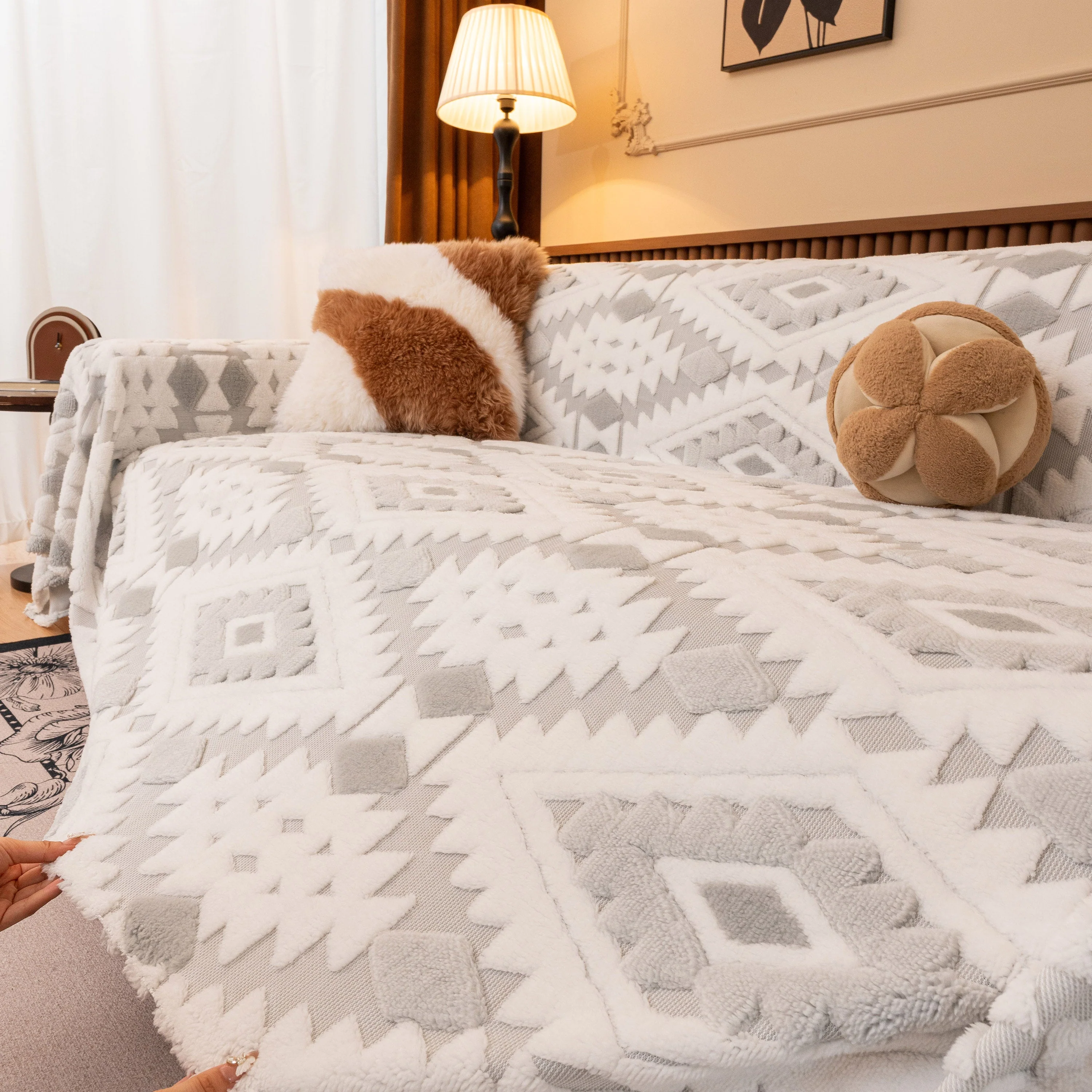 Bohemian Tufted Sofa Cover, Soft Sherpa Fleece Throw Blanket with 3D Aztec Geometric - Image 35