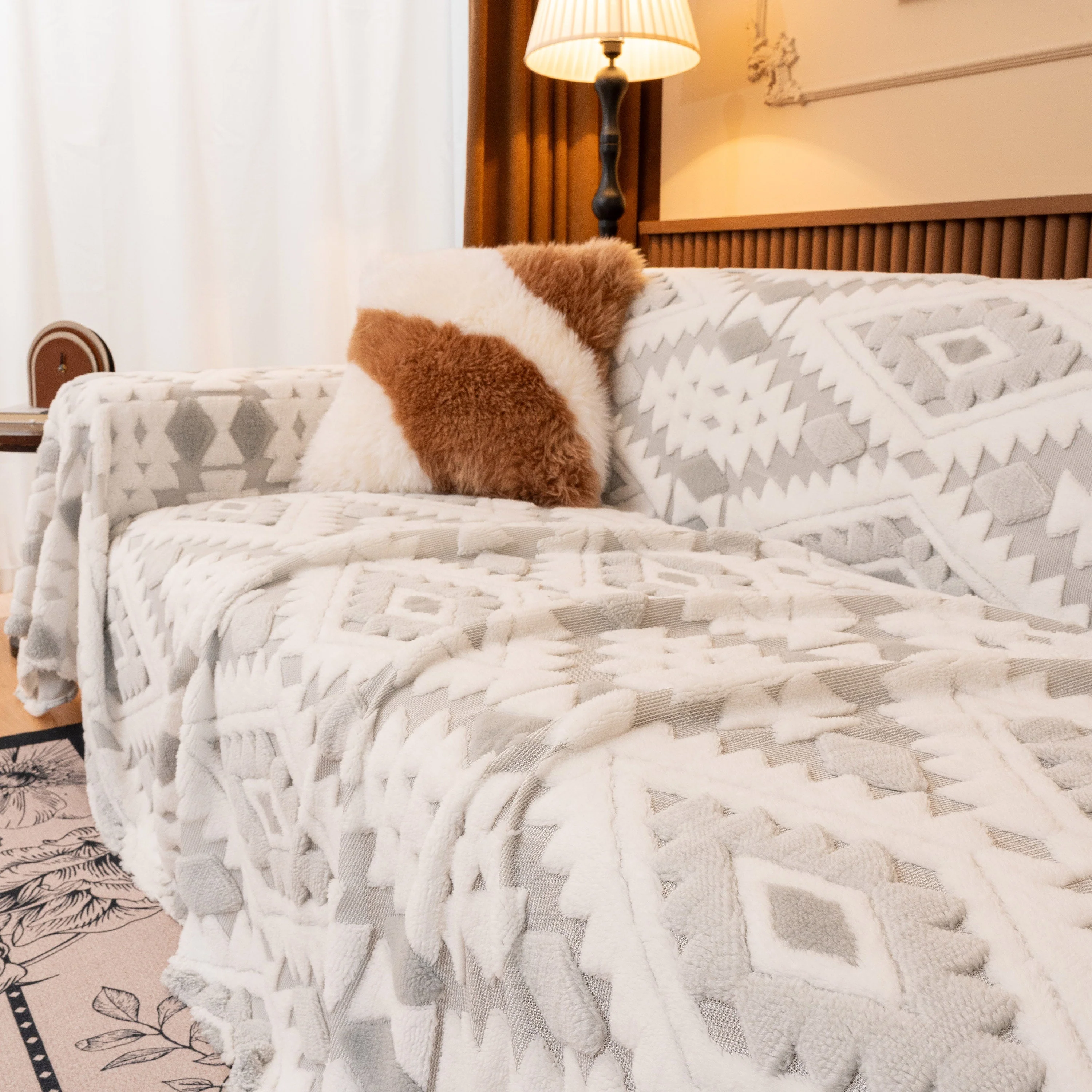 Bohemian Tufted Sofa Cover, Soft Sherpa Fleece Throw Blanket with 3D Aztec Geometric - Image 39