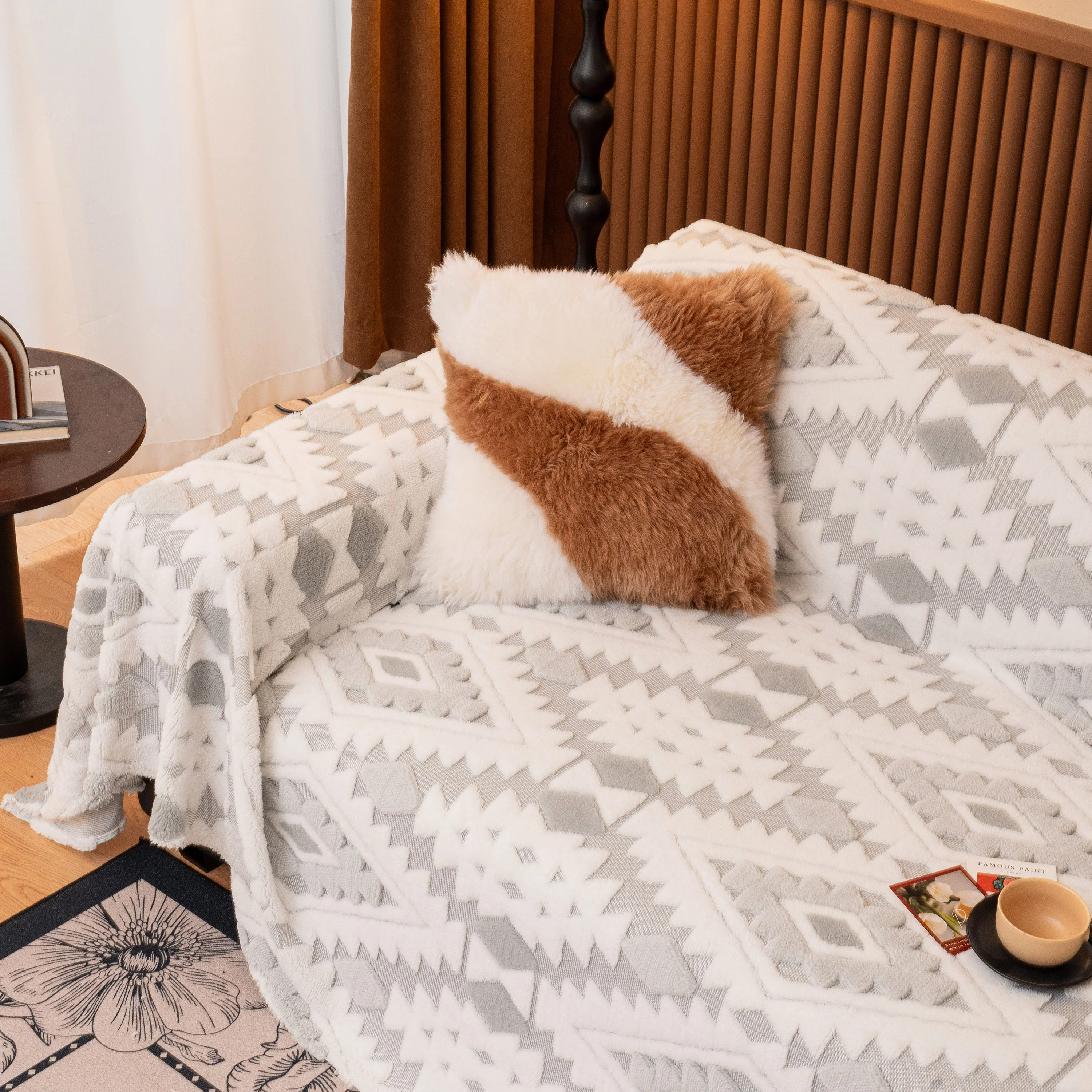 Bohemian Tufted Sofa Cover, Soft Sherpa Fleece Throw Blanket with 3D Aztec Geometric - Image 42