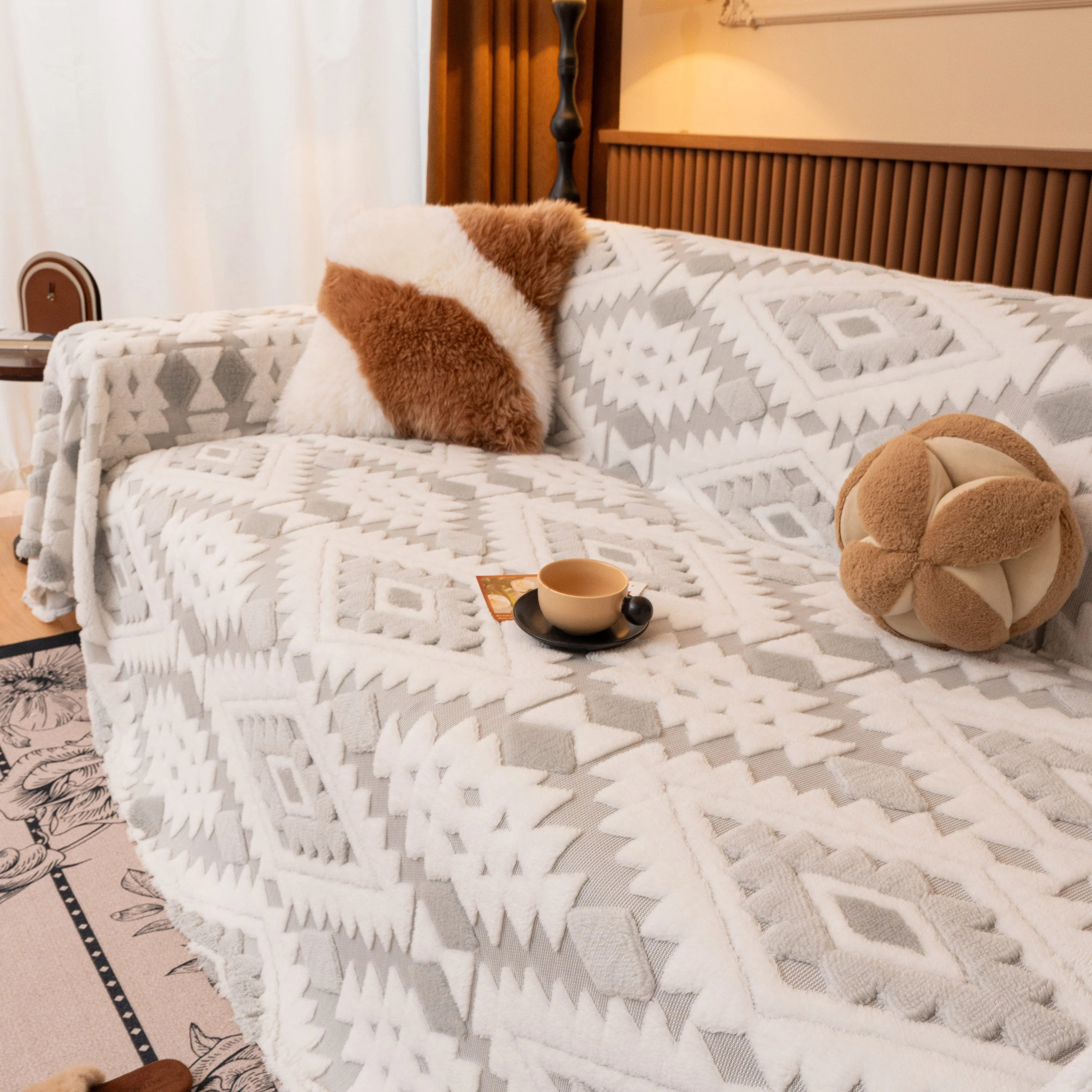 Bohemian Tufted Sofa Cover, Soft Sherpa Fleece Throw Blanket with 3D Aztec Geometric - Image 43