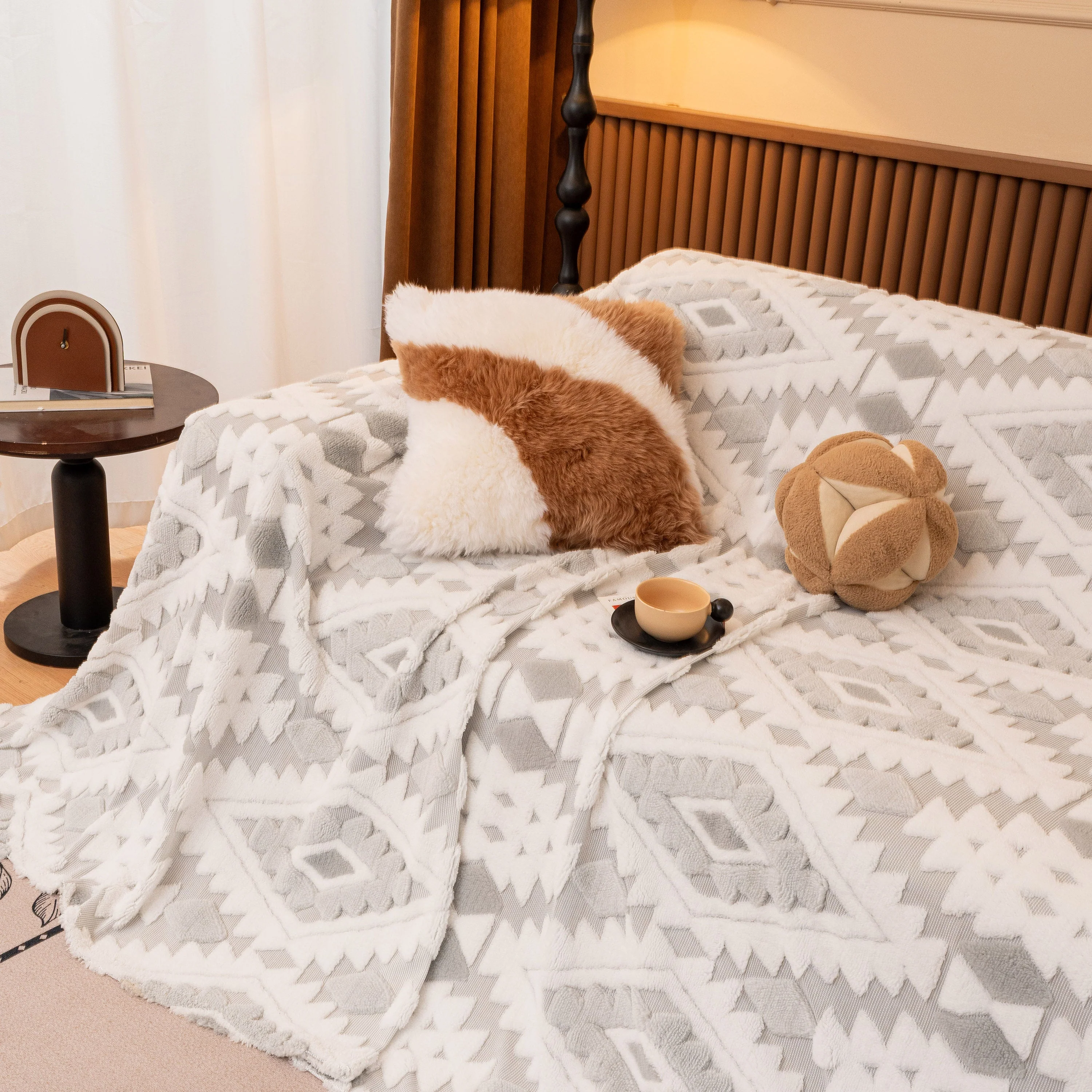 Bohemian Tufted Sofa Cover, Soft Sherpa Fleece Throw Blanket with 3D Aztec Geometric - Image 45