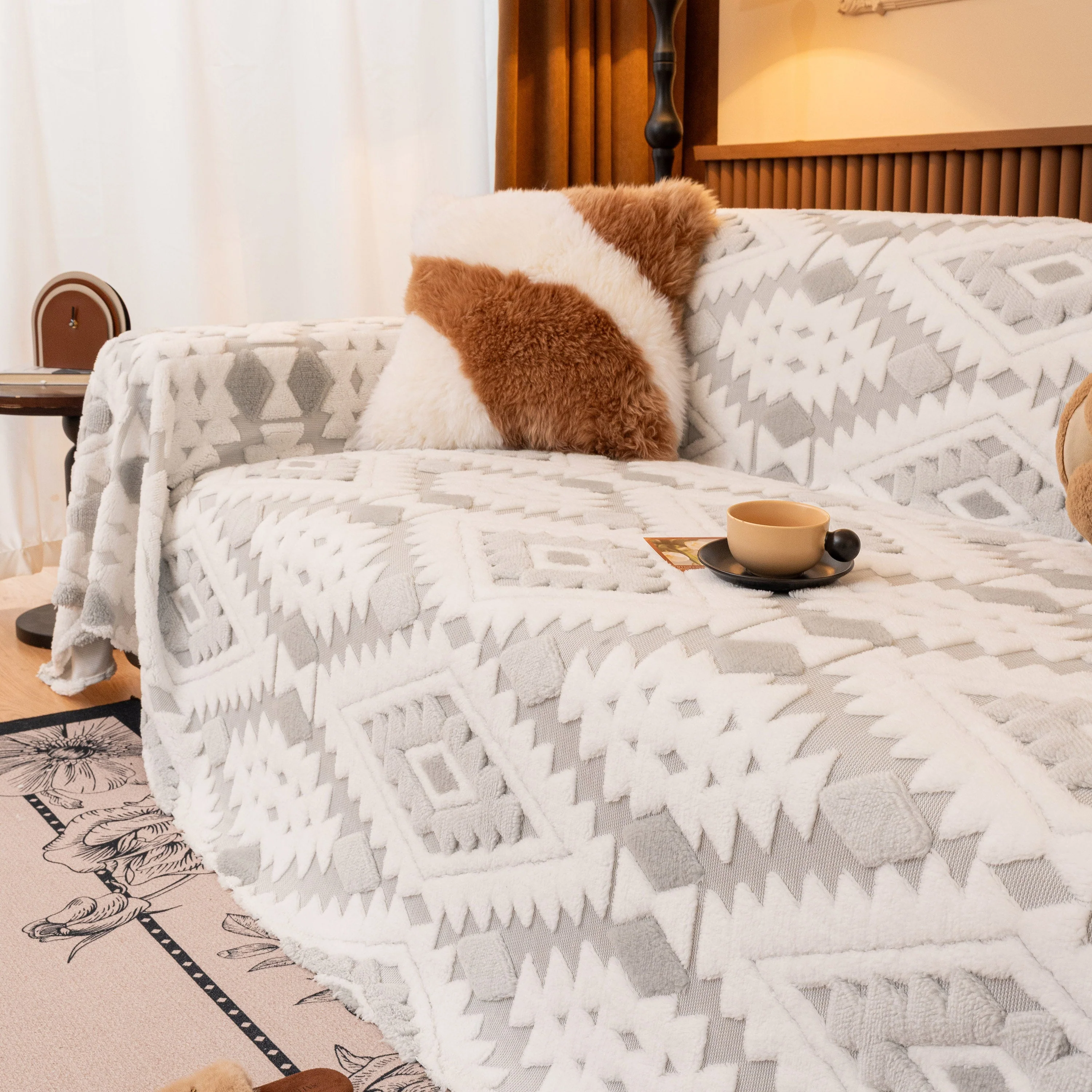 Bohemian Tufted Sofa Cover, Soft Sherpa Fleece Throw Blanket with 3D Aztec Geometric - Image 47