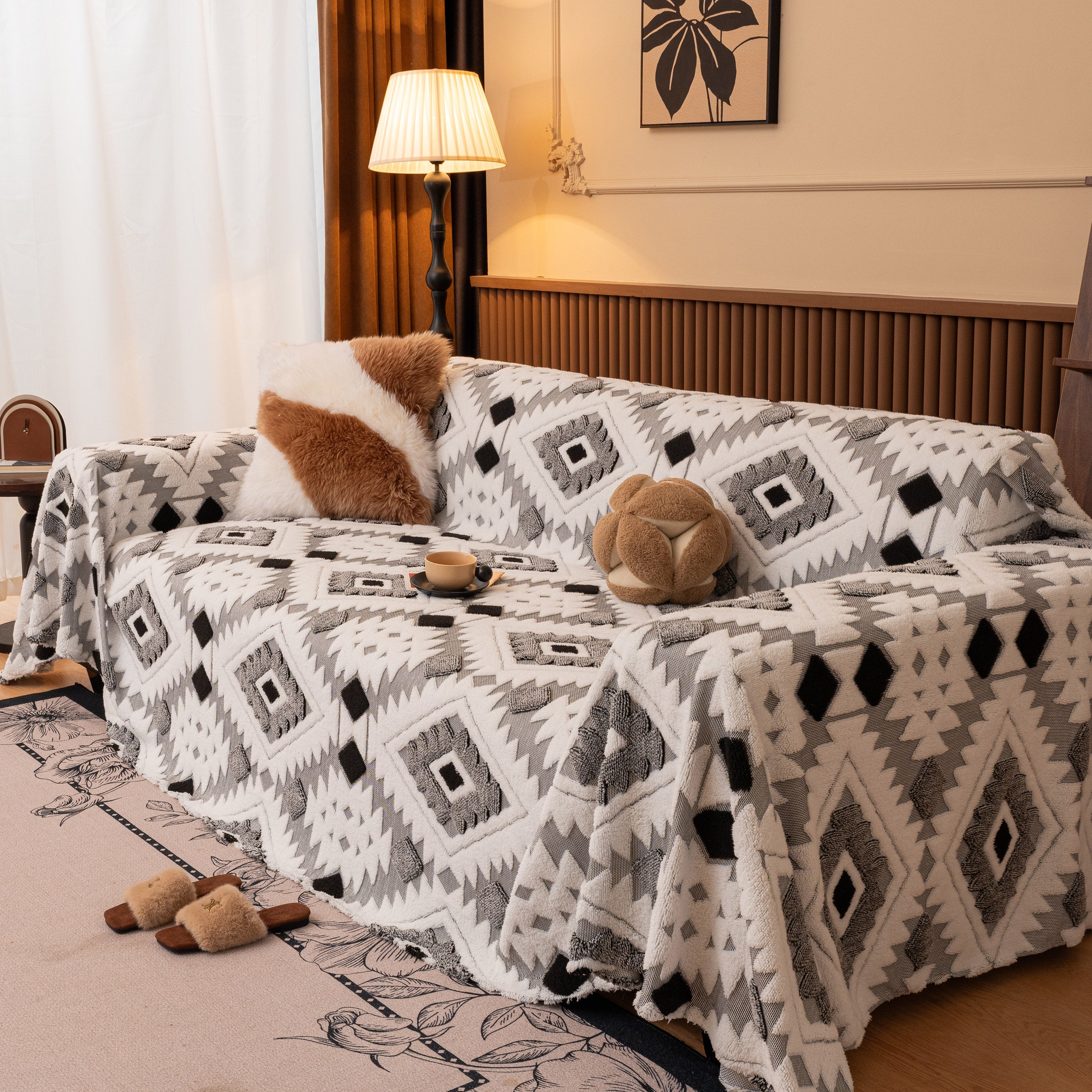 Bohemian Tufted Sofa Cover, Soft Sherpa Fleece Throw Blanket with 3D Aztec Geometric - Image 5
