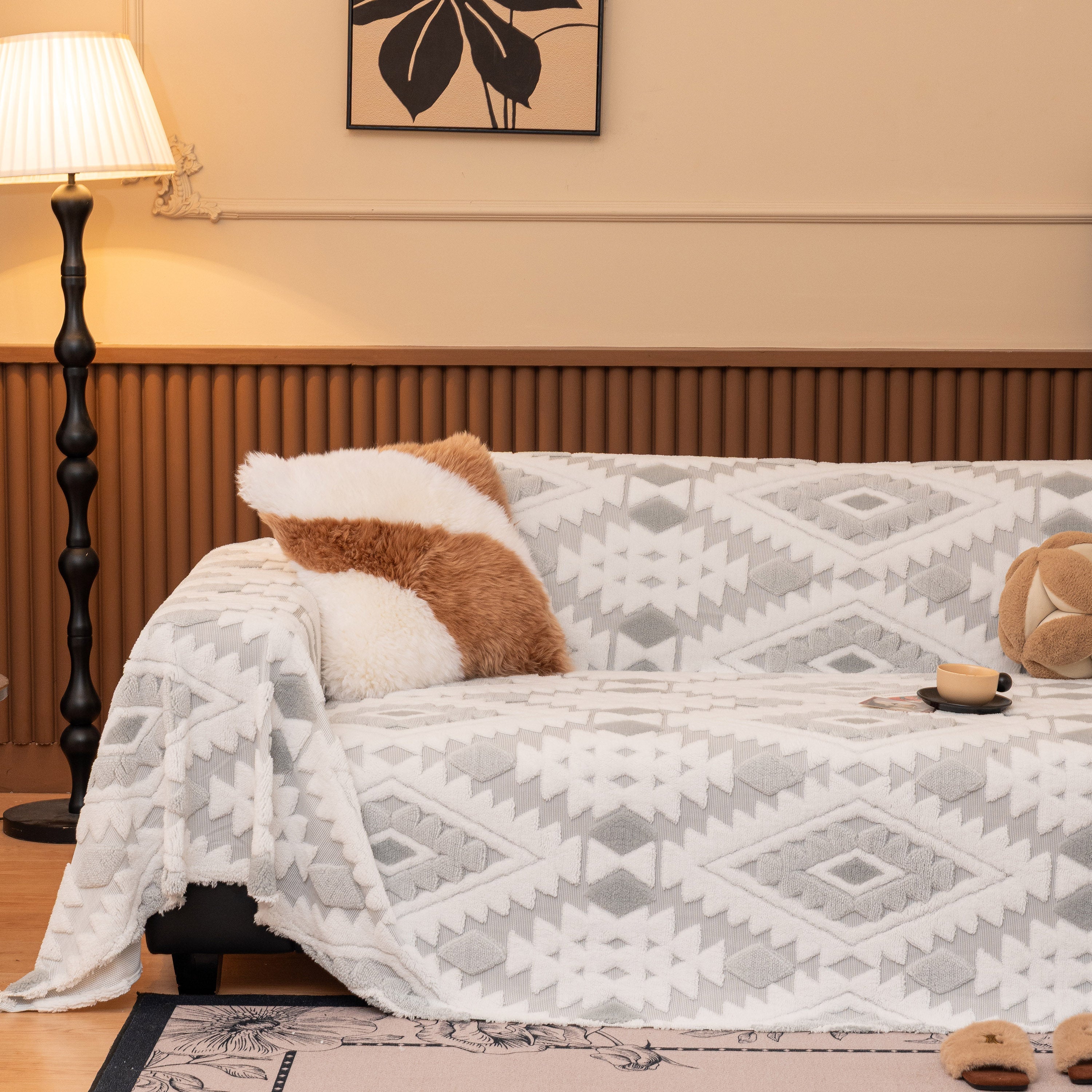 Bohemian Tufted Sofa Cover, Soft Sherpa Fleece Throw Blanket with 3D Aztec Geometric - Image 50