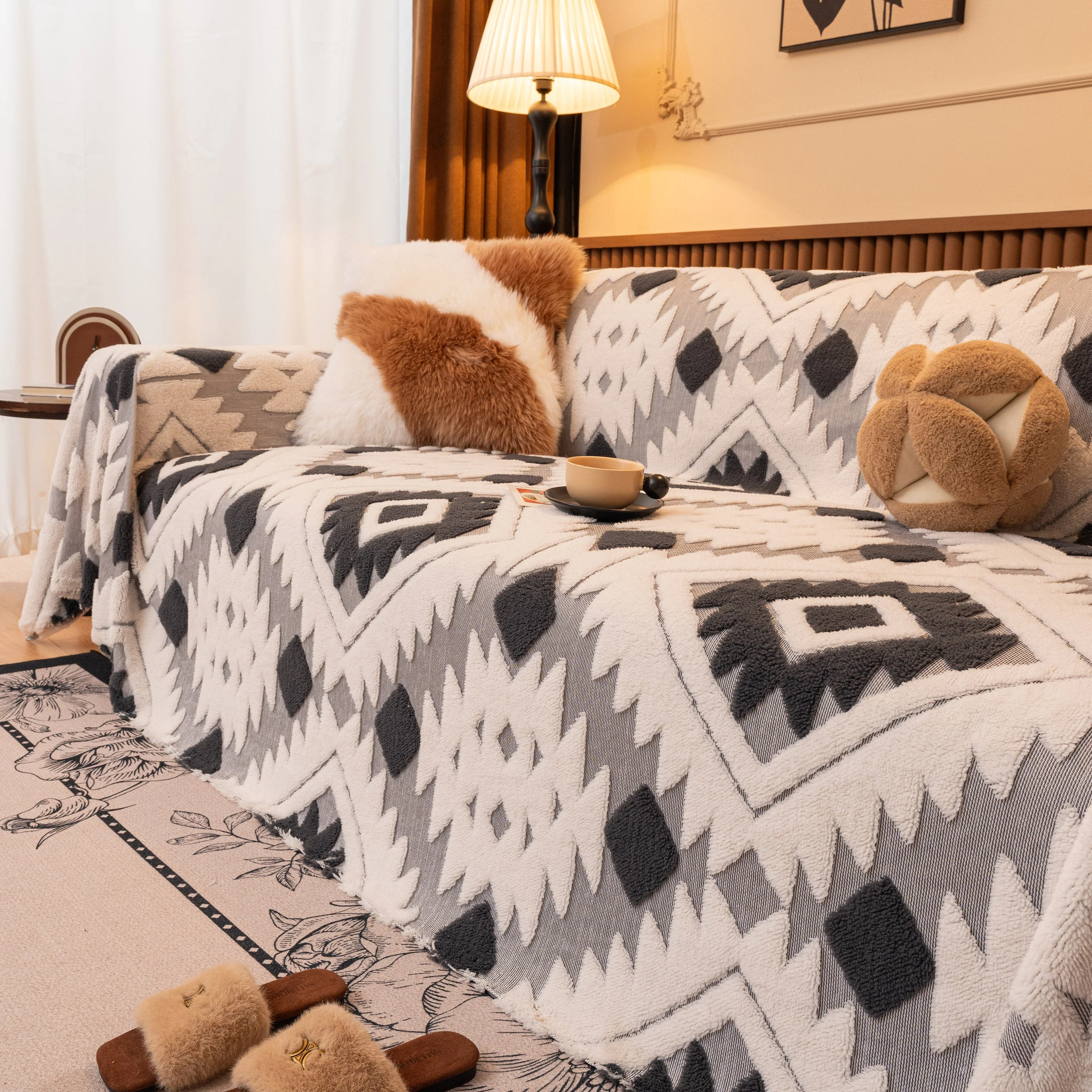 Bohemian Tufted Sofa Cover, Soft Sherpa Fleece Throw Blanket with 3D Aztec Geometric - Image 51