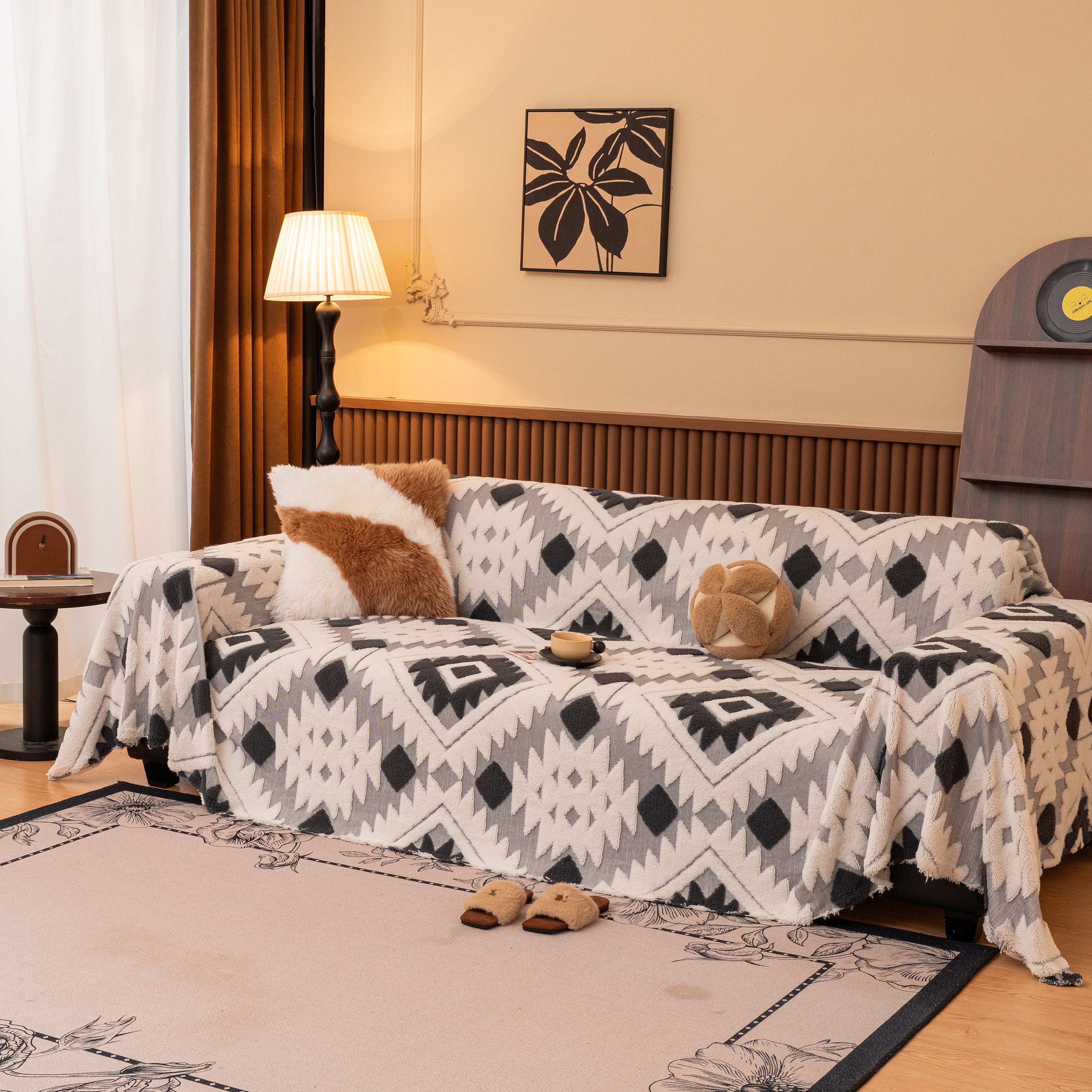 Bohemian Tufted Sofa Cover, Soft Sherpa Fleece Throw Blanket with 3D Aztec Geometric - Image 53