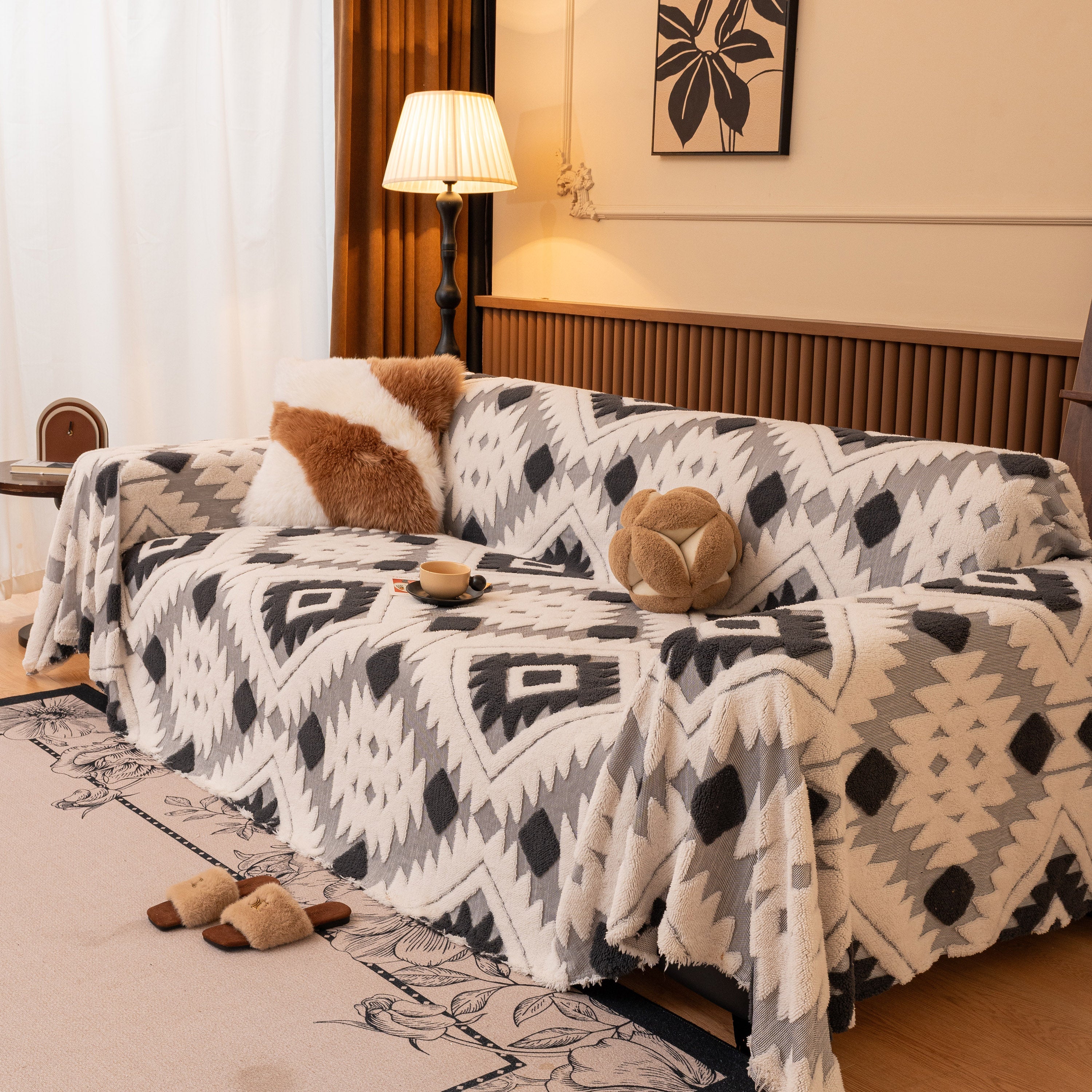 Bohemian Tufted Sofa Cover, Soft Sherpa Fleece Throw Blanket with 3D Aztec Geometric - Image 54