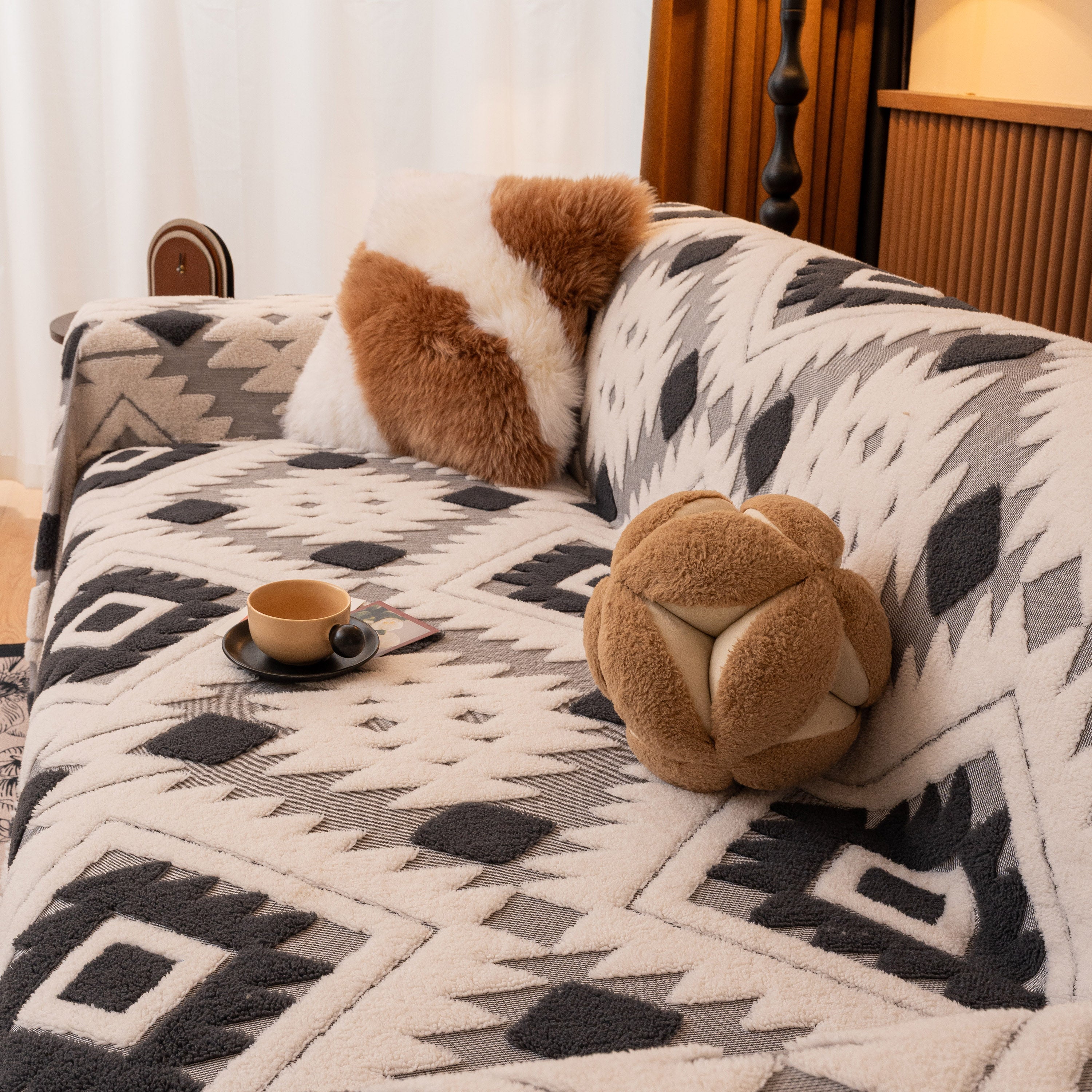 Bohemian Tufted Sofa Cover, Soft Sherpa Fleece Throw Blanket with 3D Aztec Geometric - Image 55