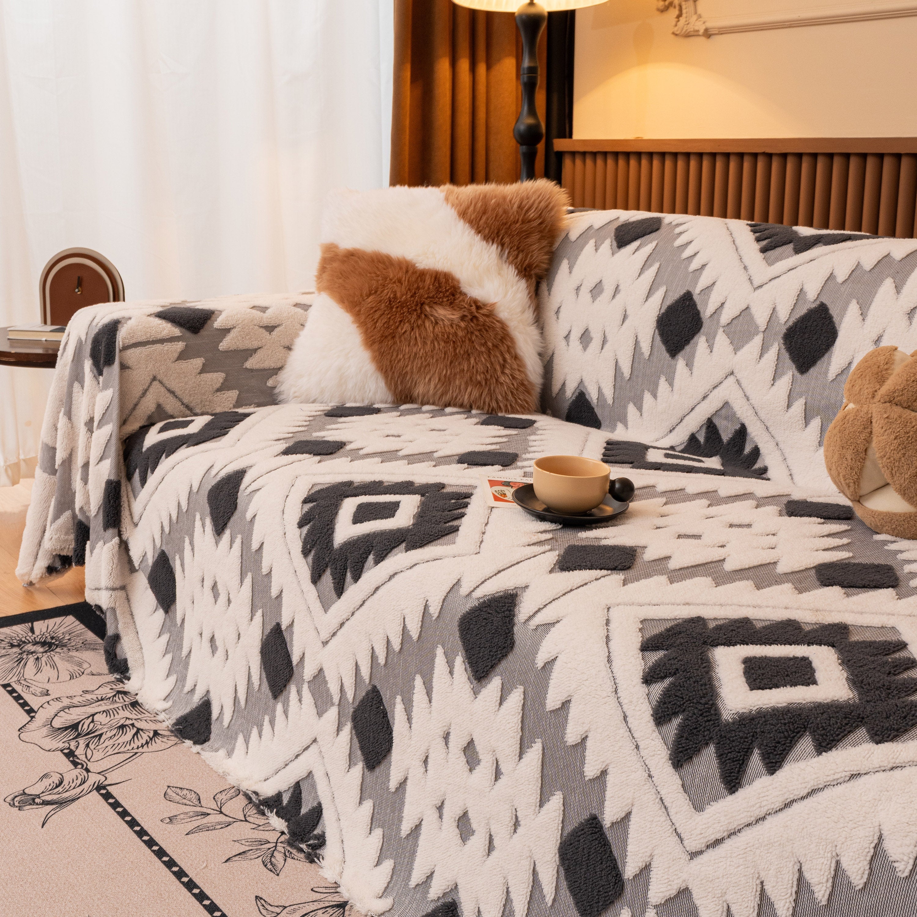 Bohemian Tufted Sofa Cover, Soft Sherpa Fleece Throw Blanket with 3D Aztec Geometric - Image 56