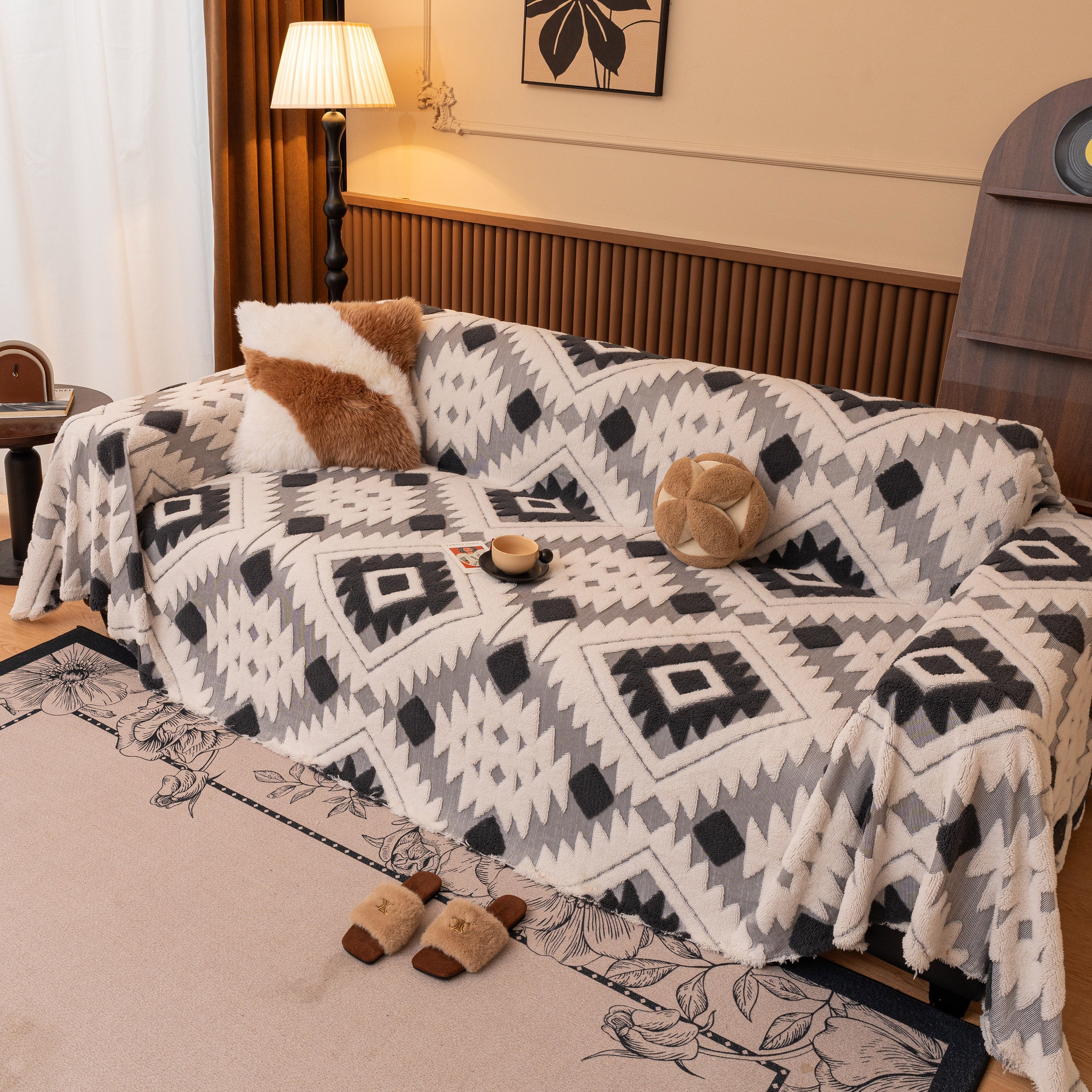 Bohemian Tufted Sofa Cover, Soft Sherpa Fleece Throw Blanket with 3D Aztec Geometric - Image 57