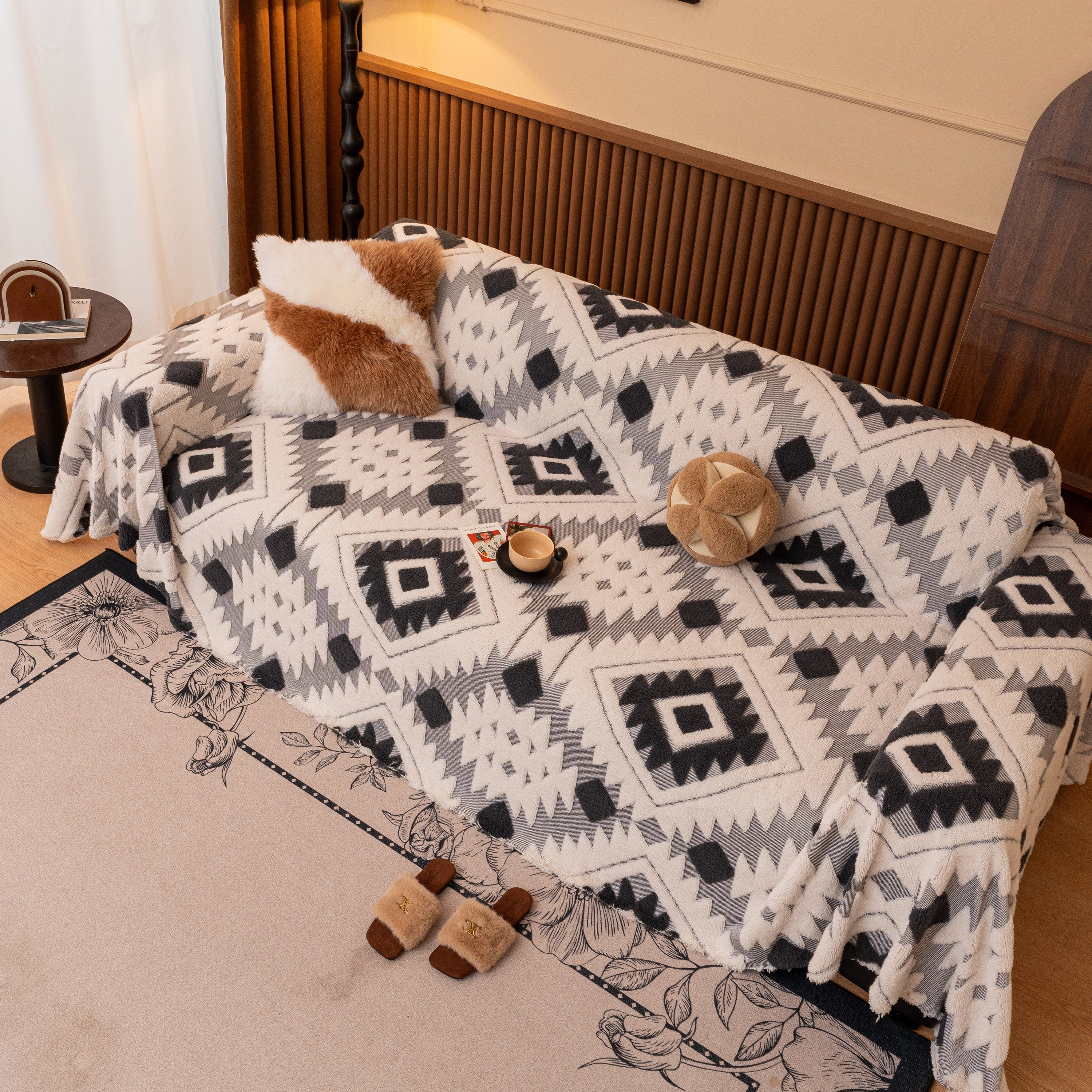 Bohemian Tufted Sofa Cover, Soft Sherpa Fleece Throw Blanket with 3D Aztec Geometric - Image 58