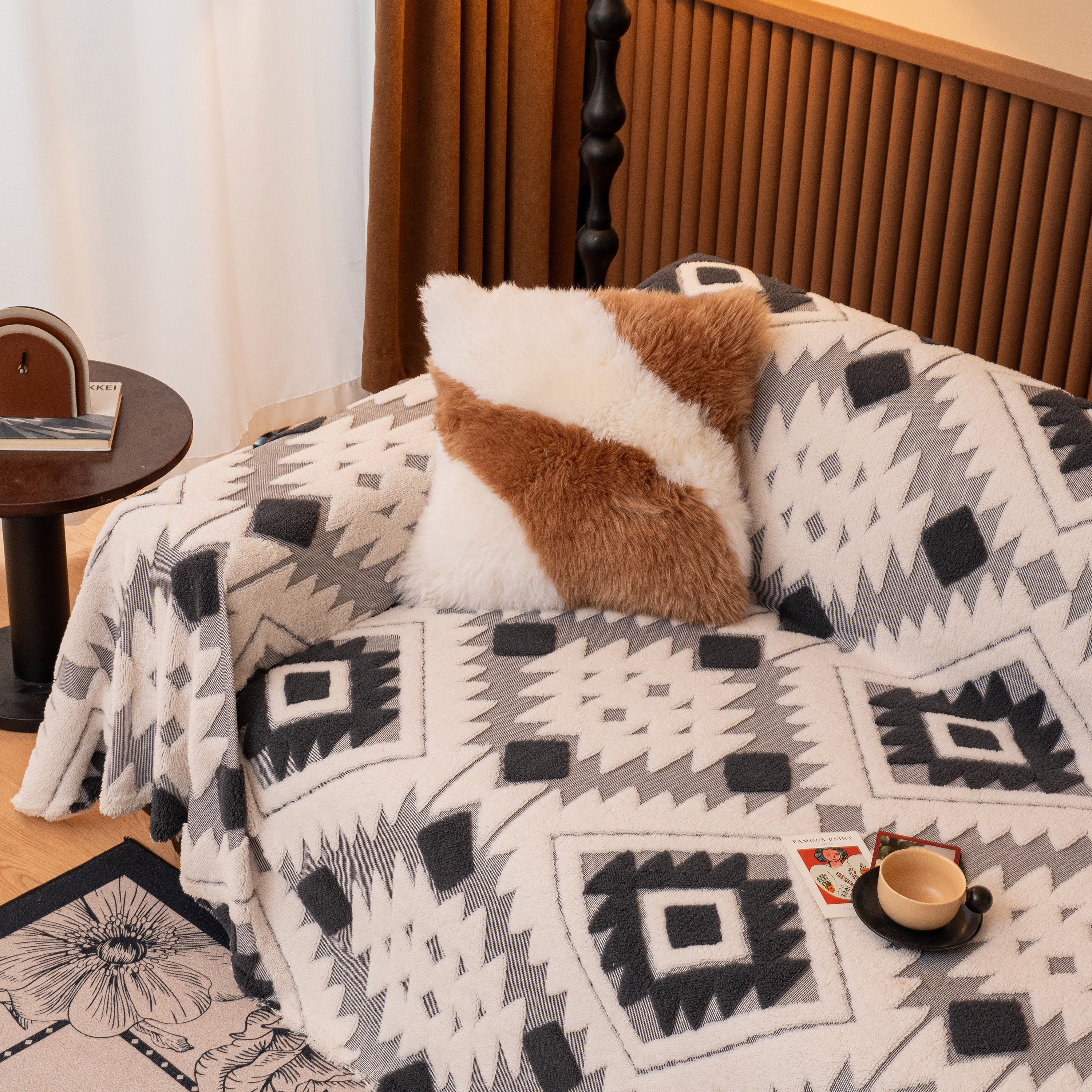 Bohemian Tufted Sofa Cover, Soft Sherpa Fleece Throw Blanket with 3D Aztec Geometric - Image 59