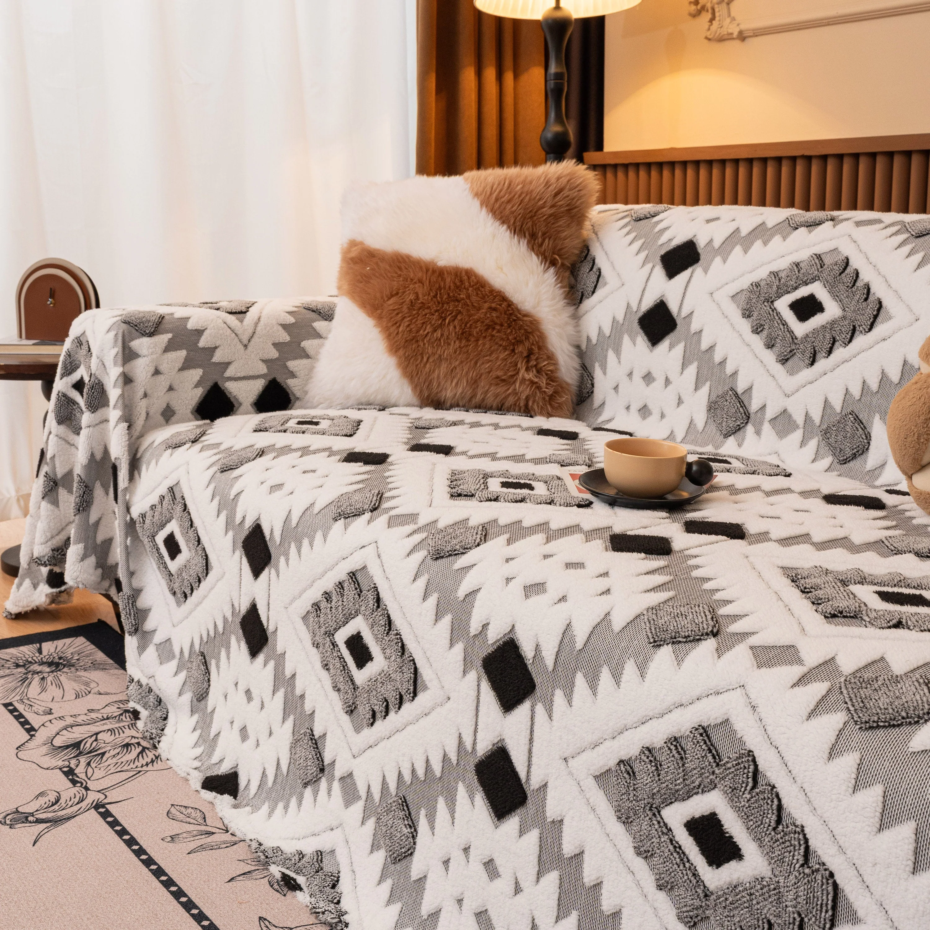 Bohemian Tufted Sofa Cover, Soft Sherpa Fleece Throw Blanket with 3D Aztec Geometric - Image 6