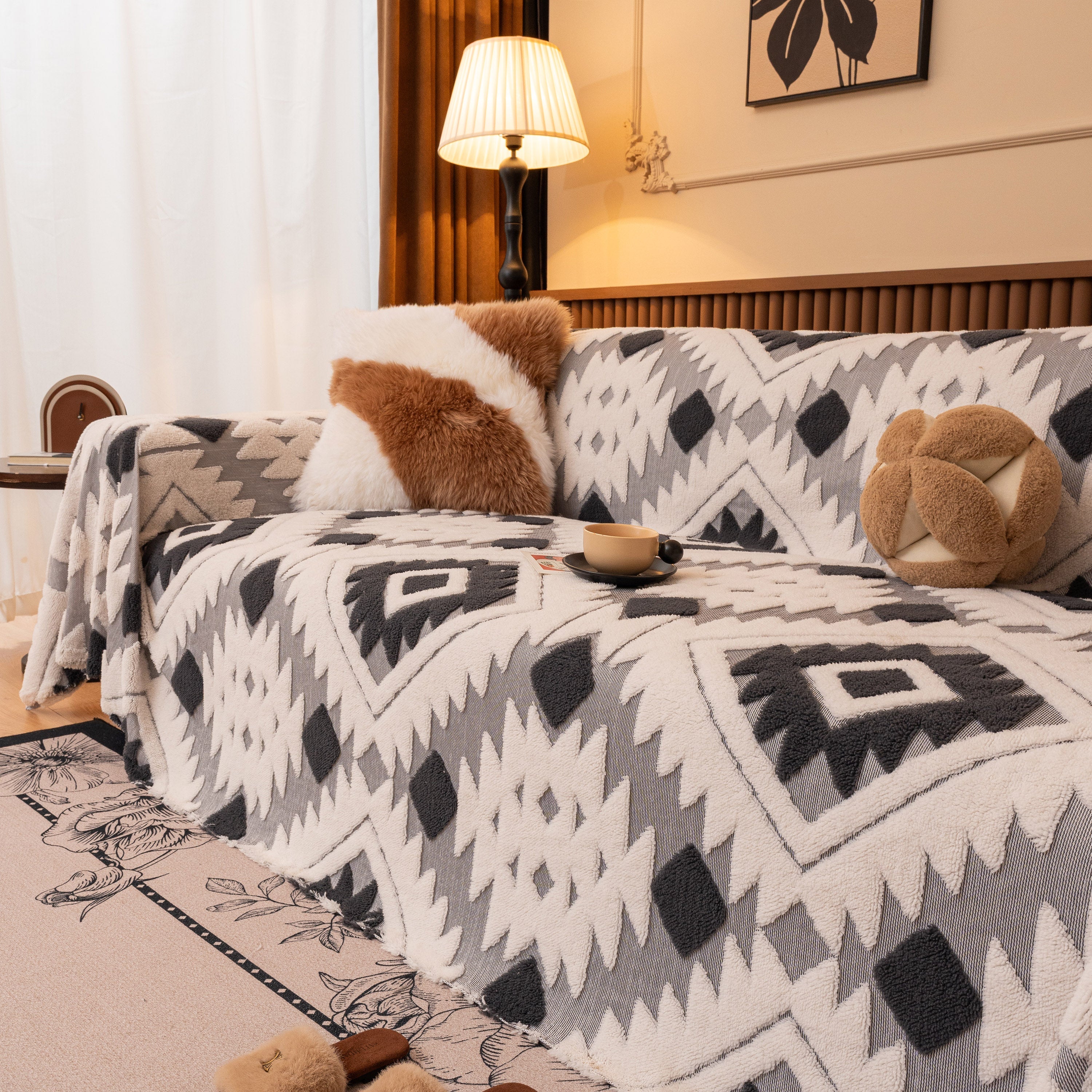 Bohemian Tufted Sofa Cover, Soft Sherpa Fleece Throw Blanket with 3D Aztec Geometric - Image 60