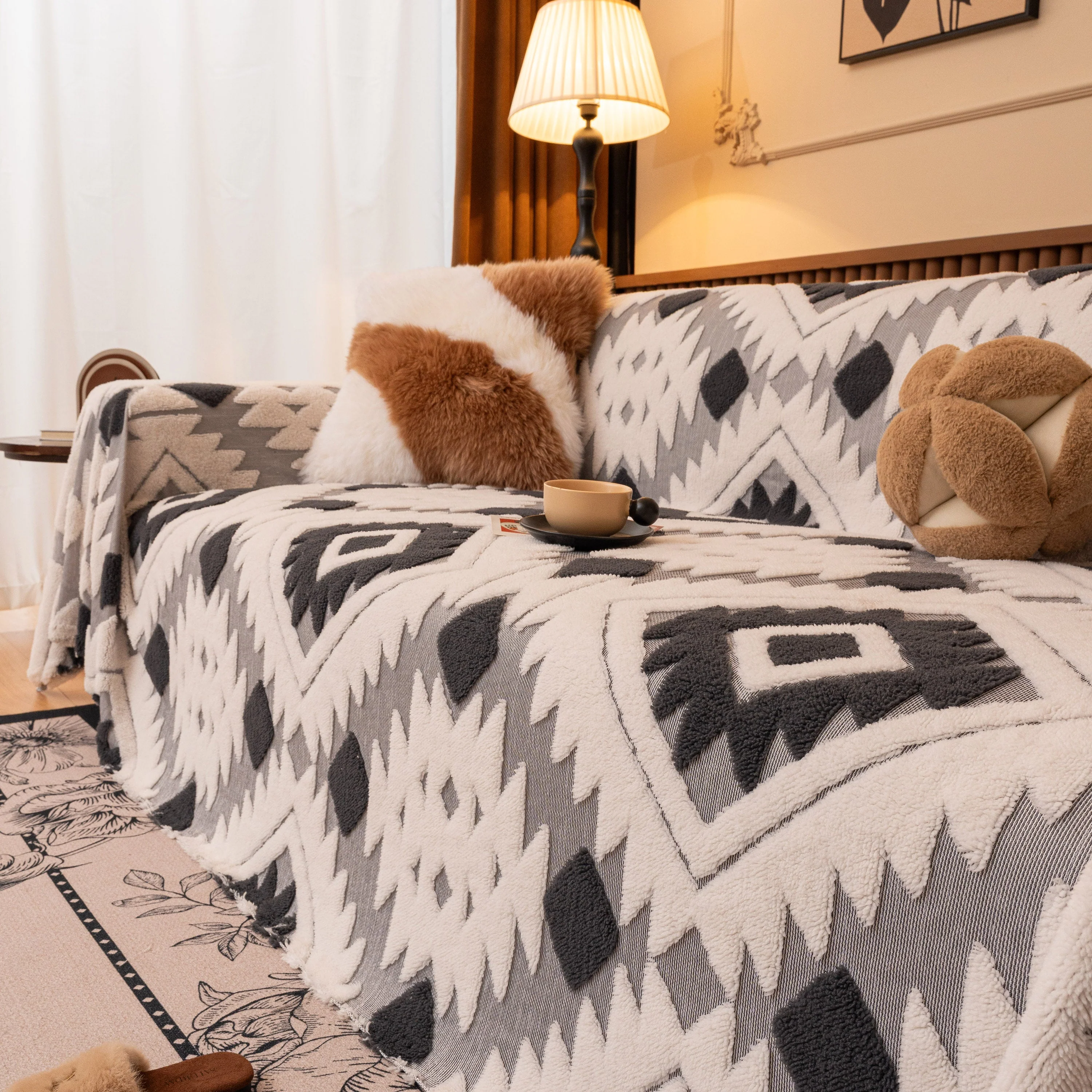 Bohemian Tufted Sofa Cover, Soft Sherpa Fleece Throw Blanket with 3D Aztec Geometric - Image 61