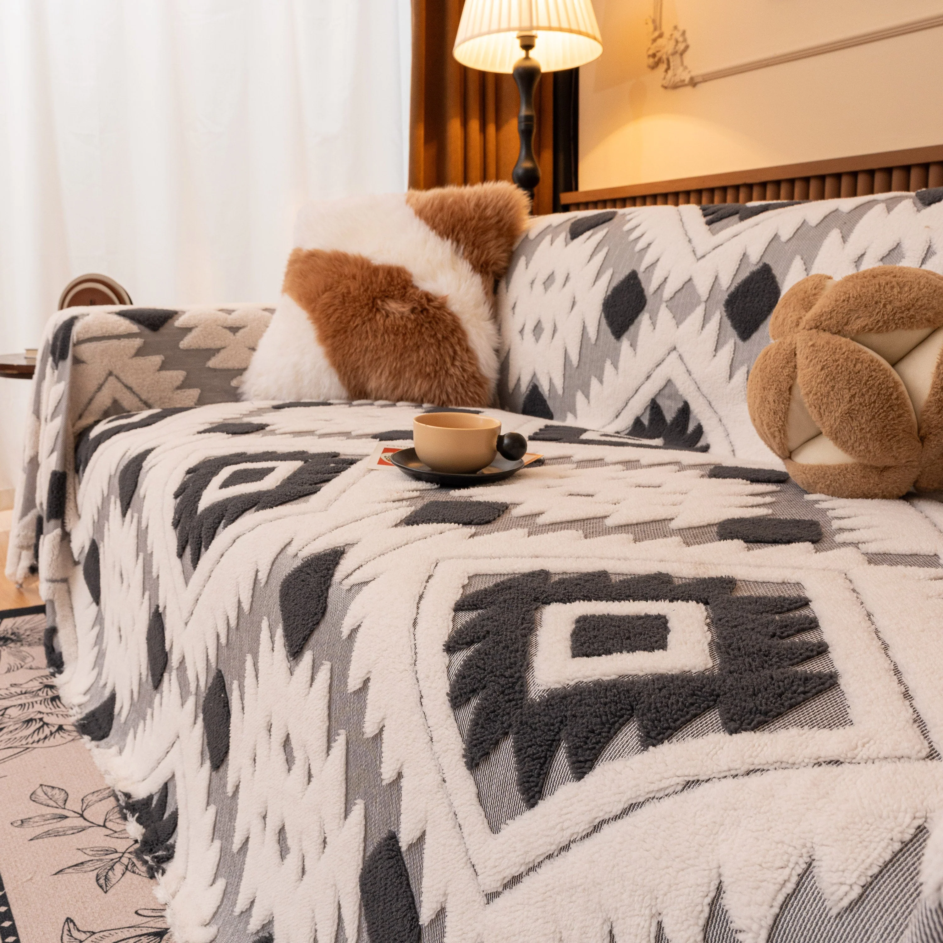 Bohemian Tufted Sofa Cover, Soft Sherpa Fleece Throw Blanket with 3D Aztec Geometric - Image 62