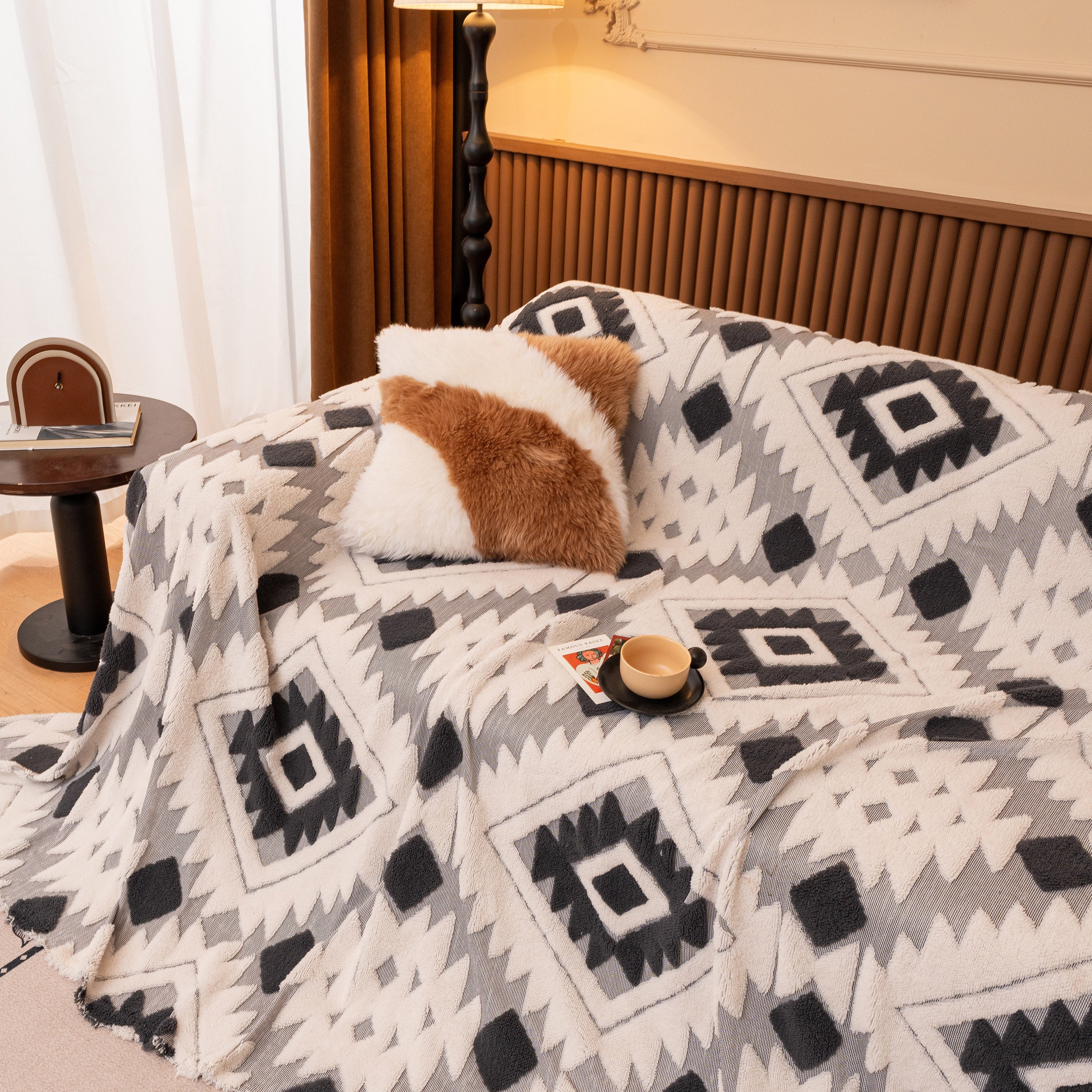 Bohemian Tufted Sofa Cover, Soft Sherpa Fleece Throw Blanket with 3D Aztec Geometric - Image 65