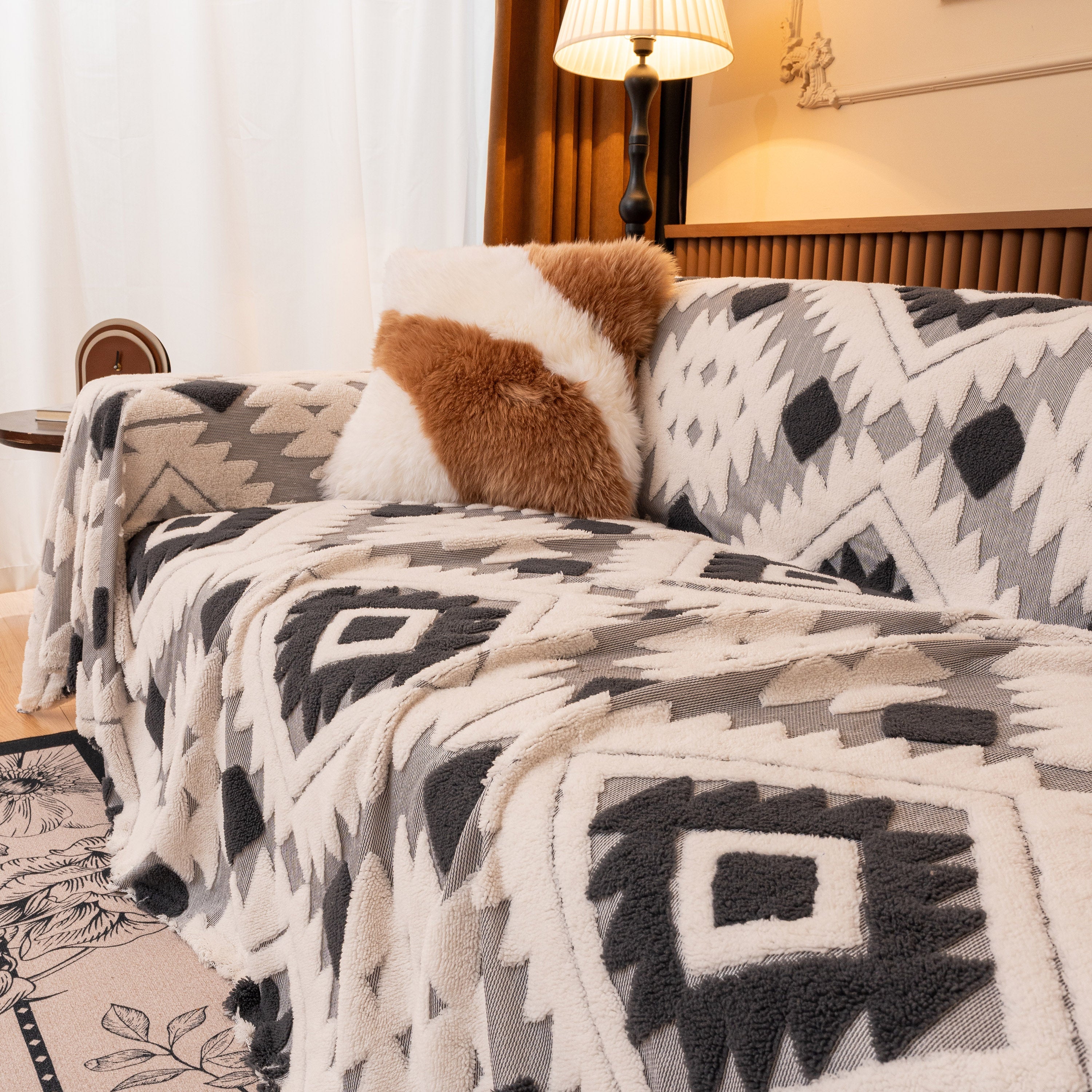 Bohemian Tufted Sofa Cover, Soft Sherpa Fleece Throw Blanket with 3D Aztec Geometric - Image 67