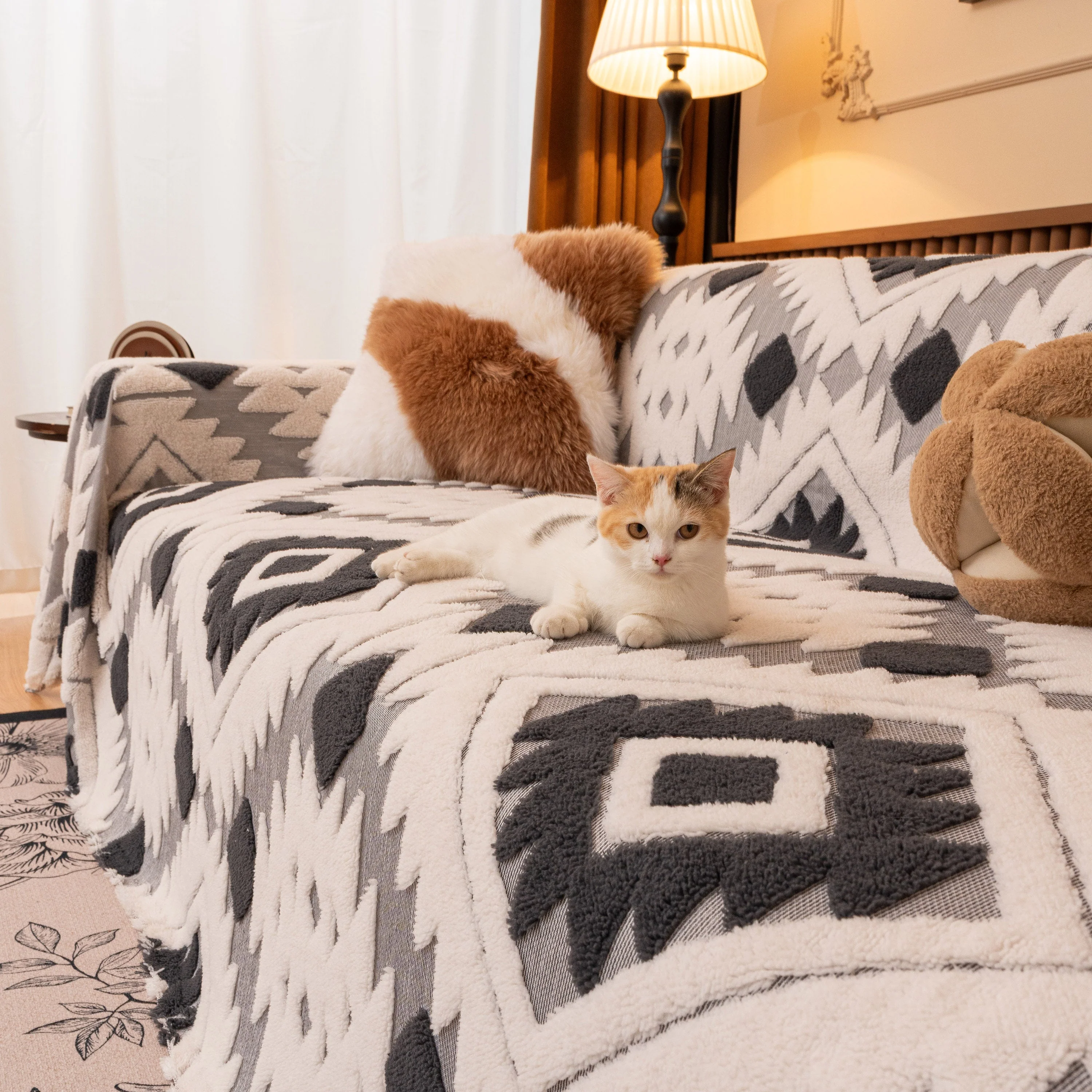 Bohemian Tufted Sofa Cover, Soft Sherpa Fleece Throw Blanket with 3D Aztec Geometric - Image 68