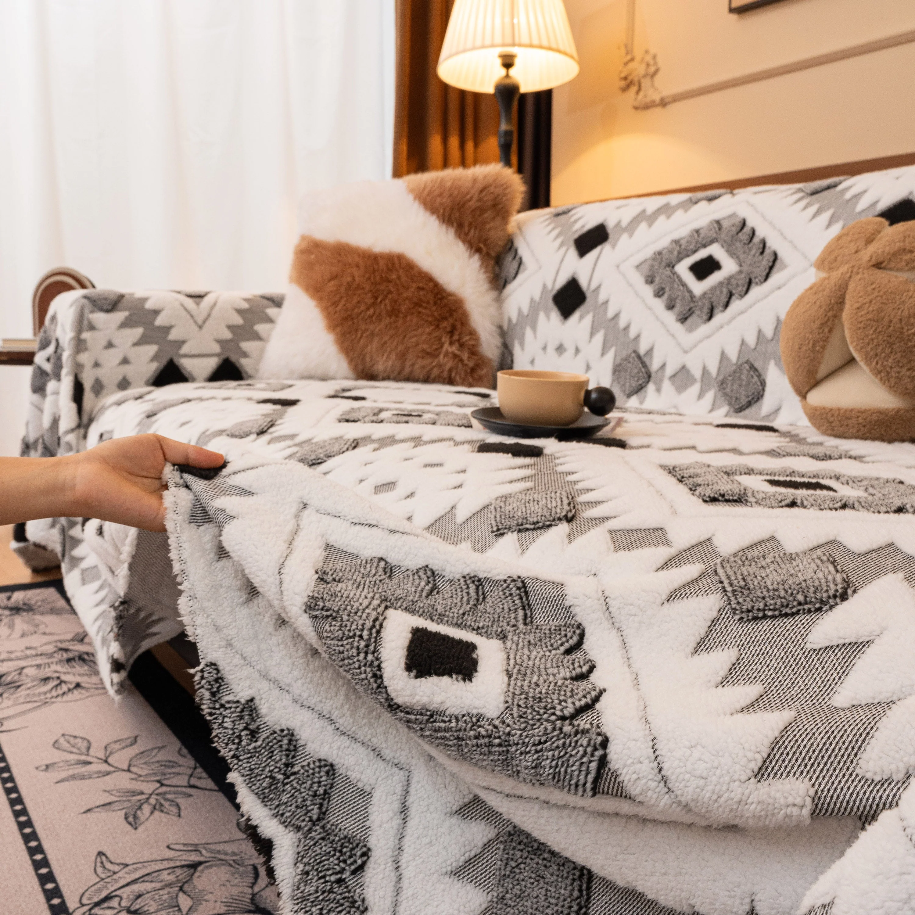 Bohemian Tufted Sofa Cover, Soft Sherpa Fleece Throw Blanket with 3D Aztec Geometric - Image 7