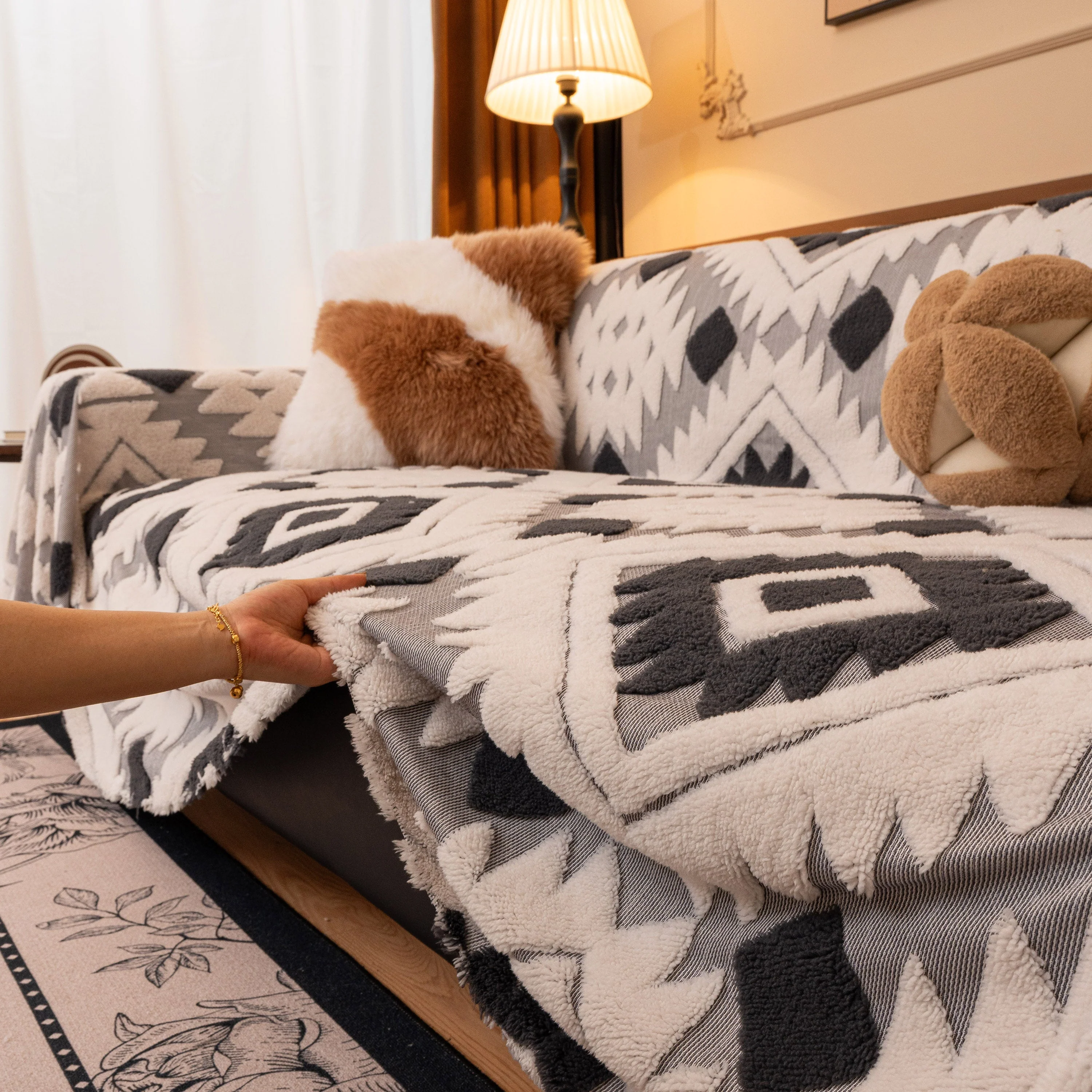 Bohemian Tufted Sofa Cover, Soft Sherpa Fleece Throw Blanket with 3D Aztec Geometric - Image 70