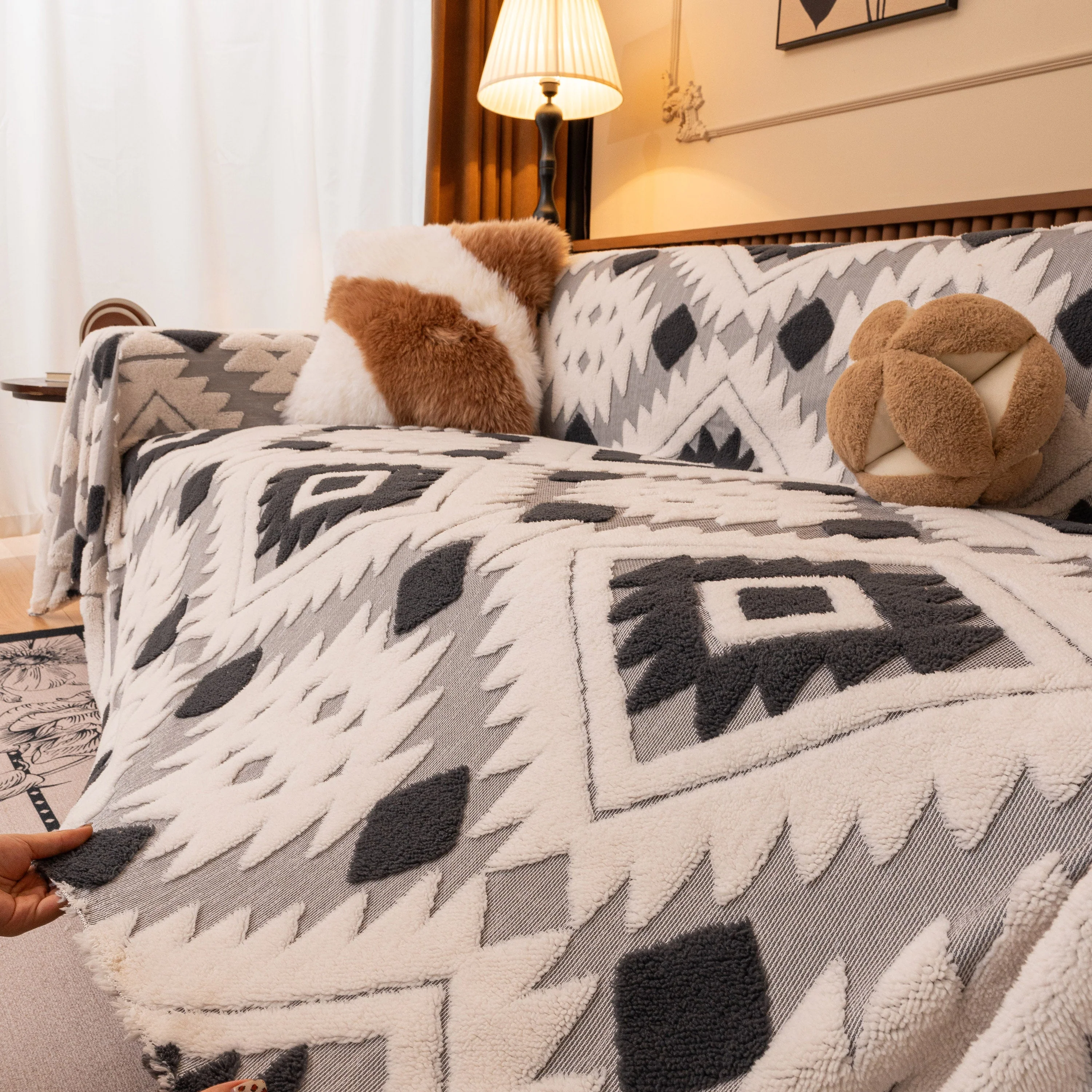 Bohemian Tufted Sofa Cover, Soft Sherpa Fleece Throw Blanket with 3D Aztec Geometric - Image 72