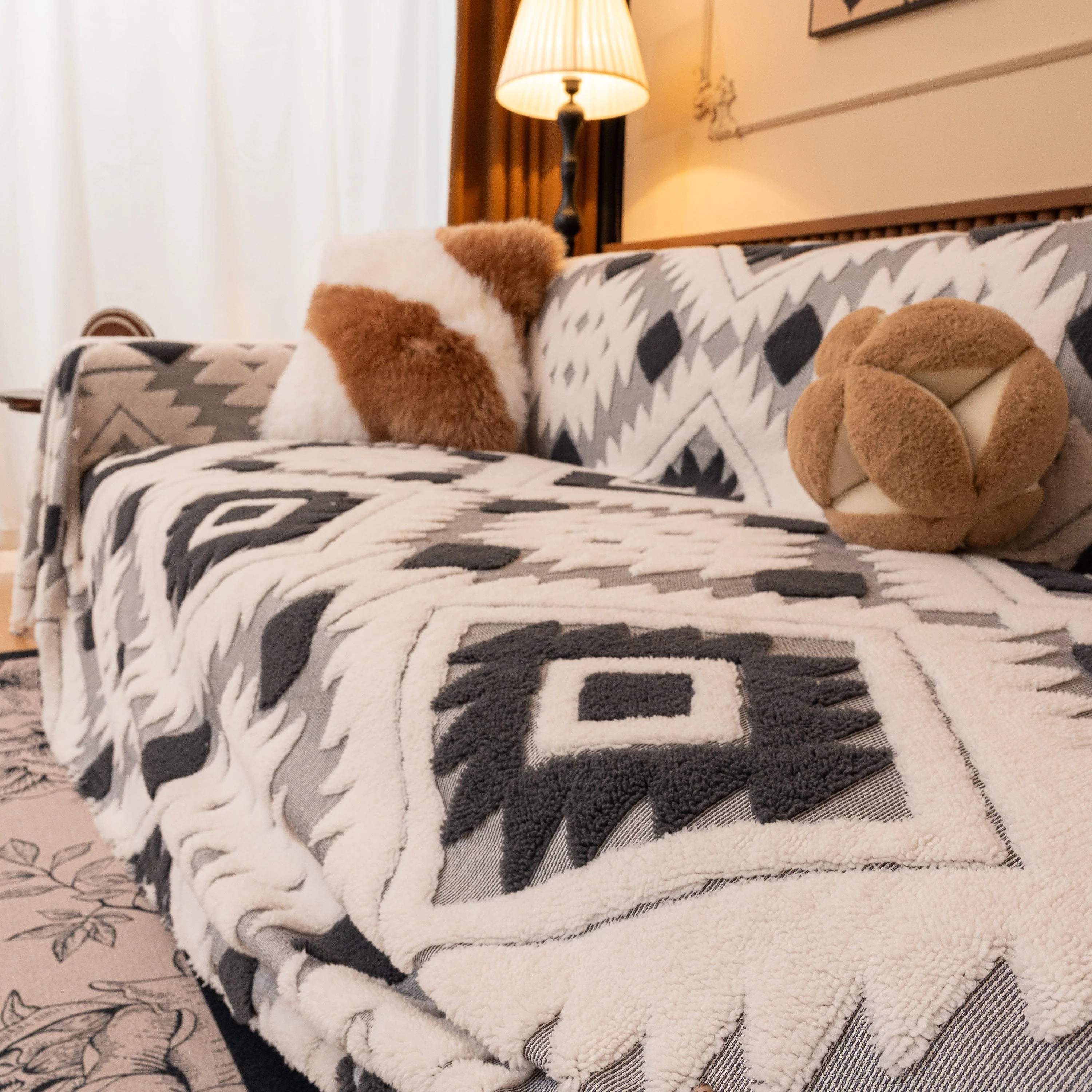 Bohemian Tufted Sofa Cover, Soft Sherpa Fleece Throw Blanket with 3D Aztec Geometric - Image 74