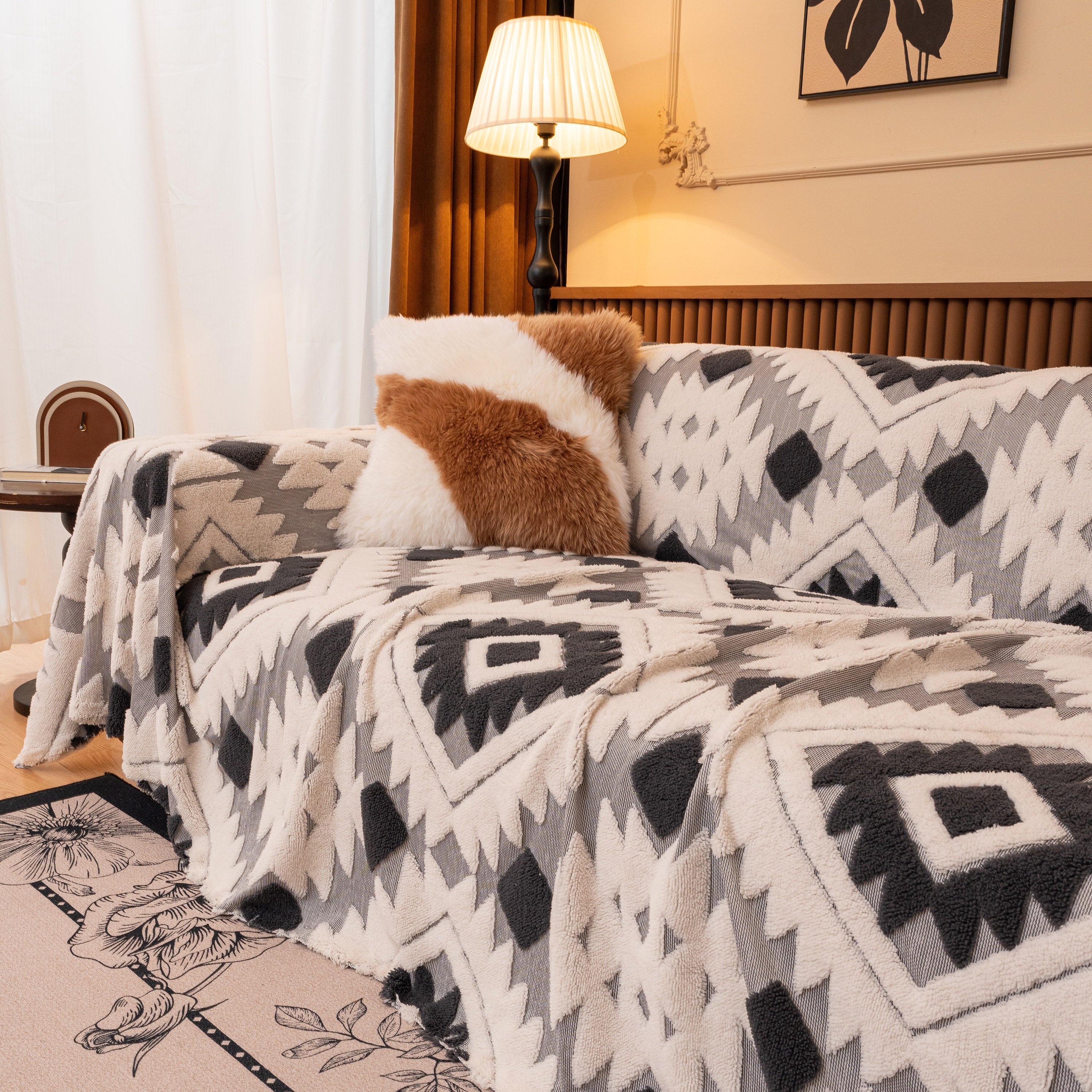 Bohemian Tufted Sofa Cover, Soft Sherpa Fleece Throw Blanket with 3D Aztec Geometric - Image 75