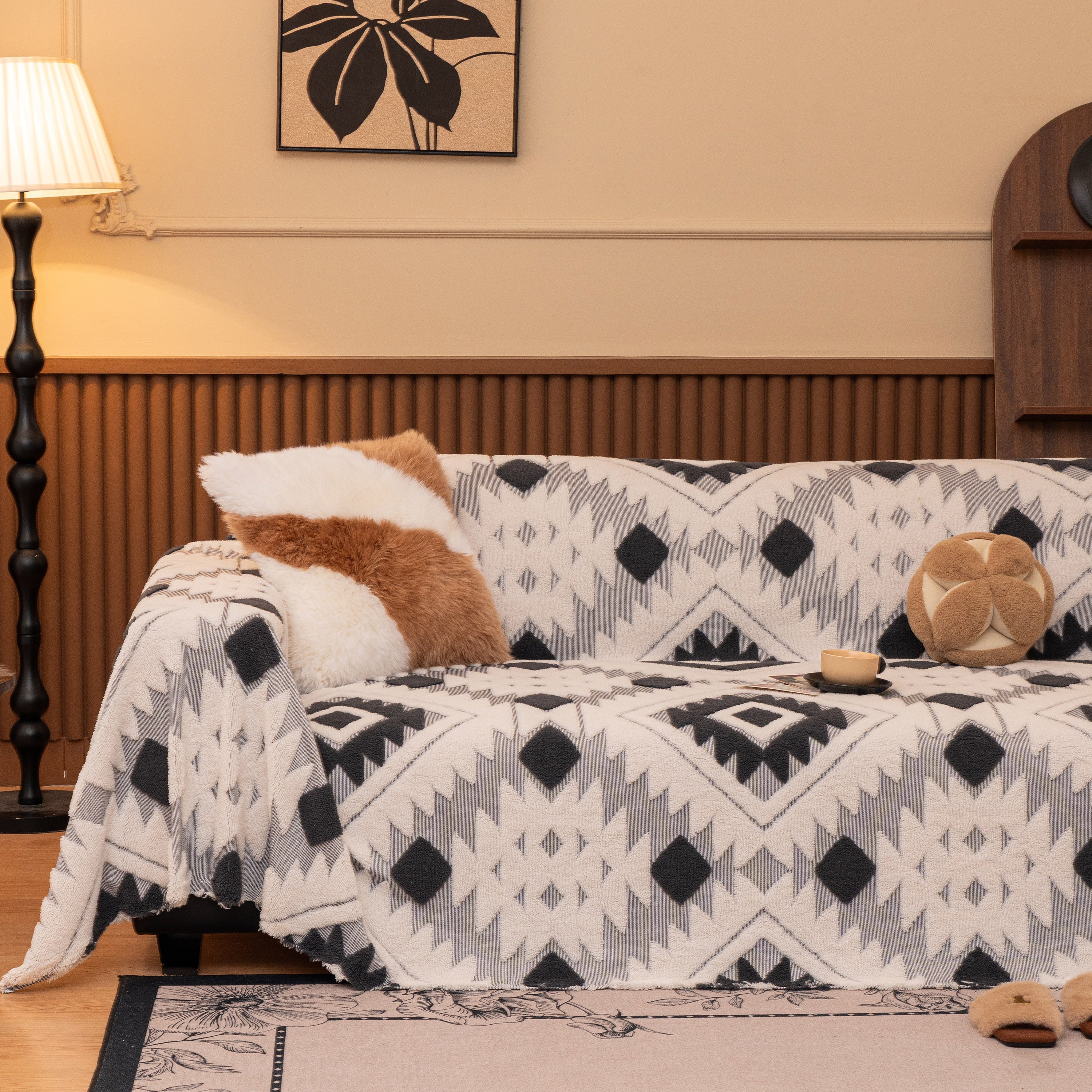 Bohemian Tufted Sofa Cover, Soft Sherpa Fleece Throw Blanket with 3D Aztec Geometric - Image 76