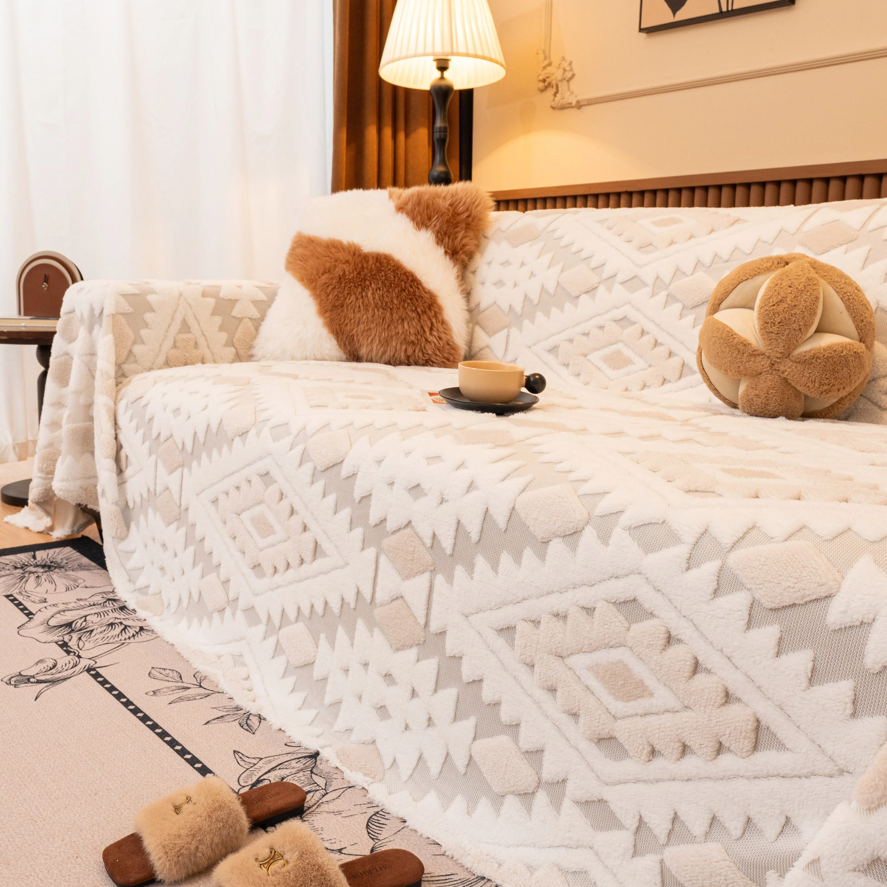 Bohemian Tufted Sofa Cover, Soft Sherpa Fleece Throw Blanket with 3D Aztec Geometric - Image 77