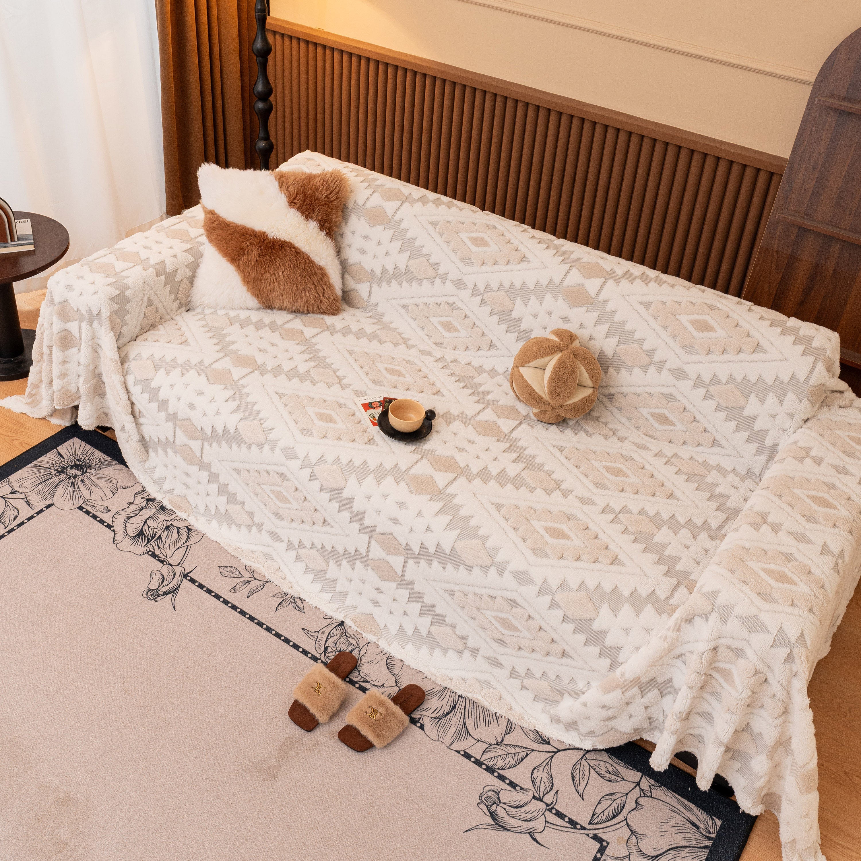 Bohemian Tufted Sofa Cover, Soft Sherpa Fleece Throw Blanket with 3D Aztec Geometric - Image 81