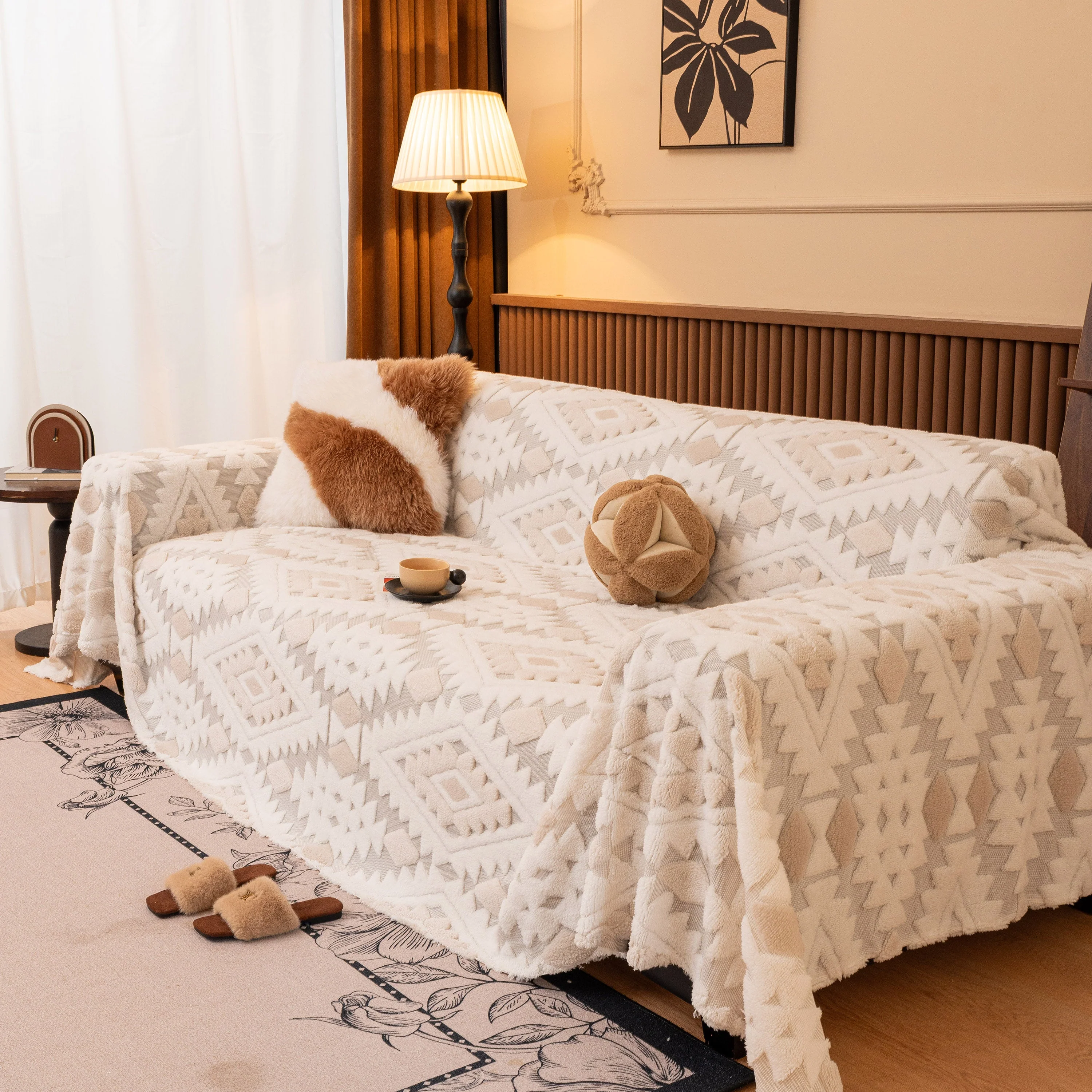 Bohemian Tufted Sofa Cover, Soft Sherpa Fleece Throw Blanket with 3D Aztec Geometric - Image 83