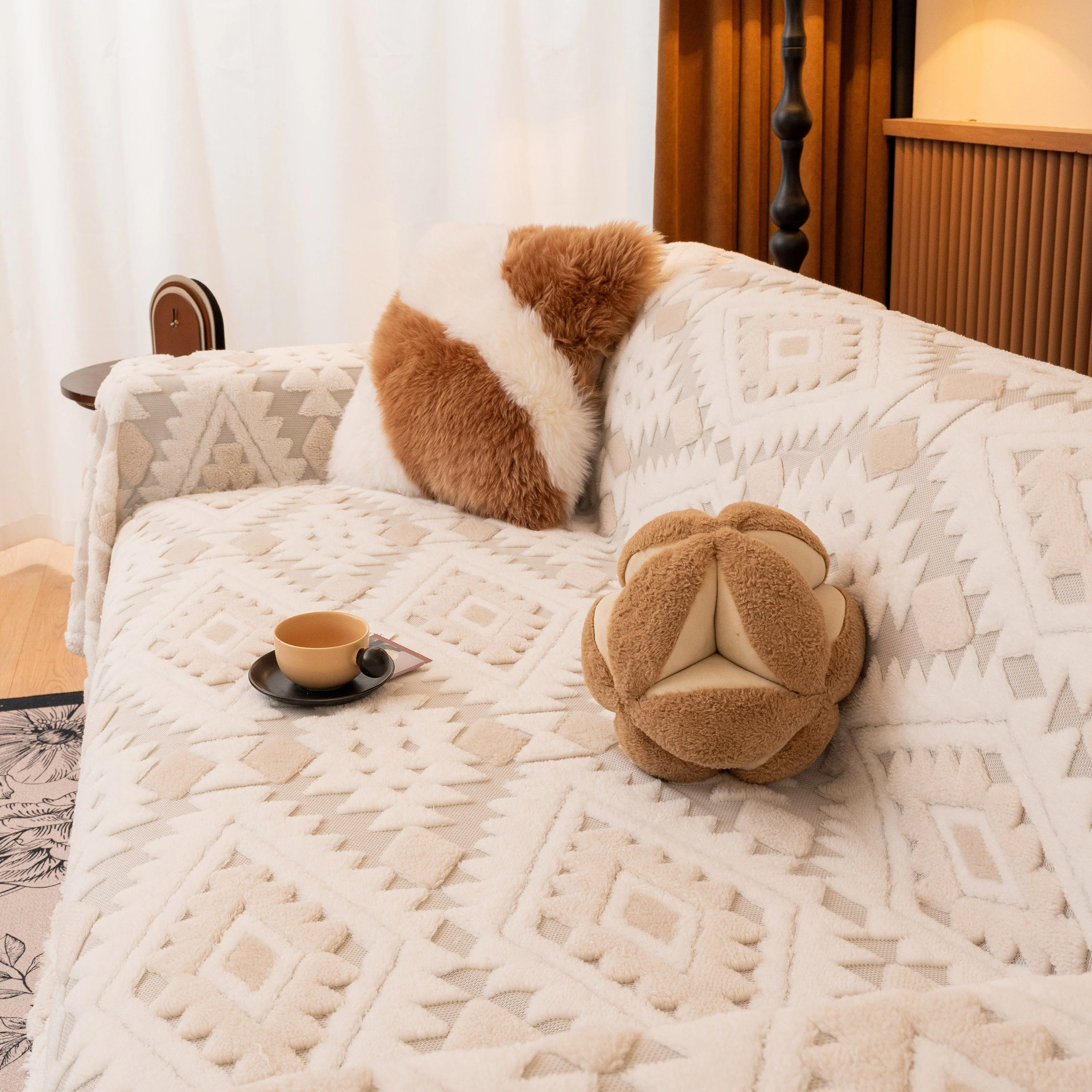 Bohemian Tufted Sofa Cover, Soft Sherpa Fleece Throw Blanket with 3D Aztec Geometric - Image 84