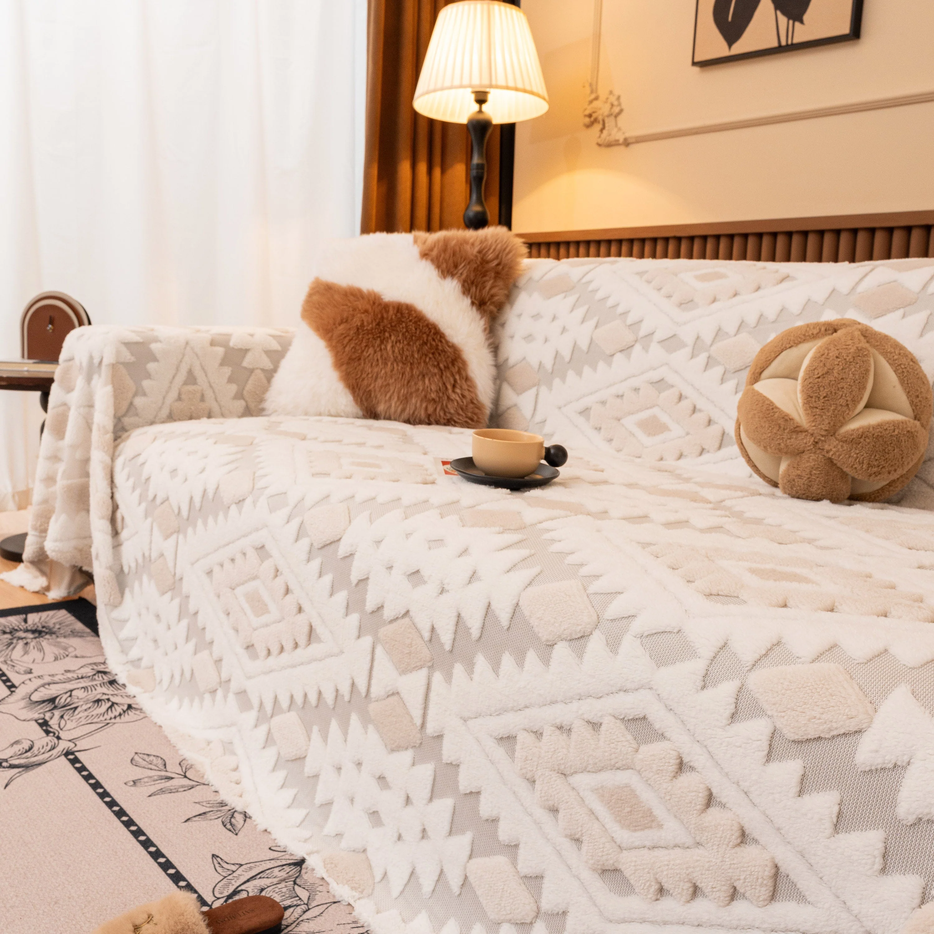 Bohemian Tufted Sofa Cover, Soft Sherpa Fleece Throw Blanket with 3D Aztec Geometric - Image 85