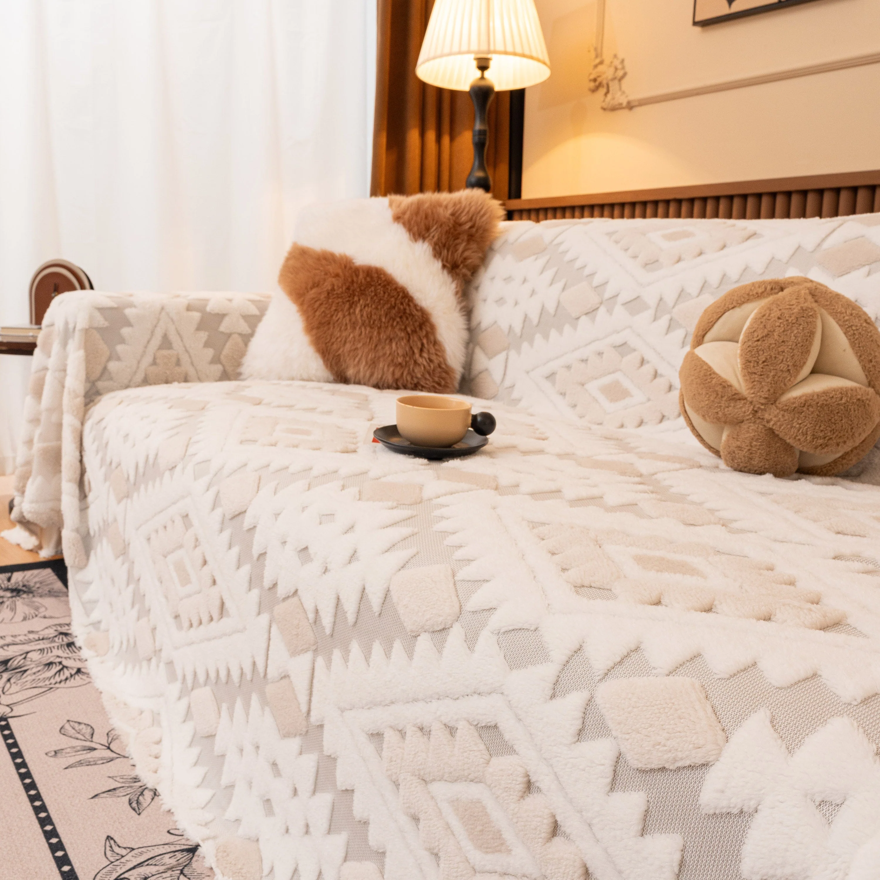 Bohemian Tufted Sofa Cover, Soft Sherpa Fleece Throw Blanket with 3D Aztec Geometric - Image 86