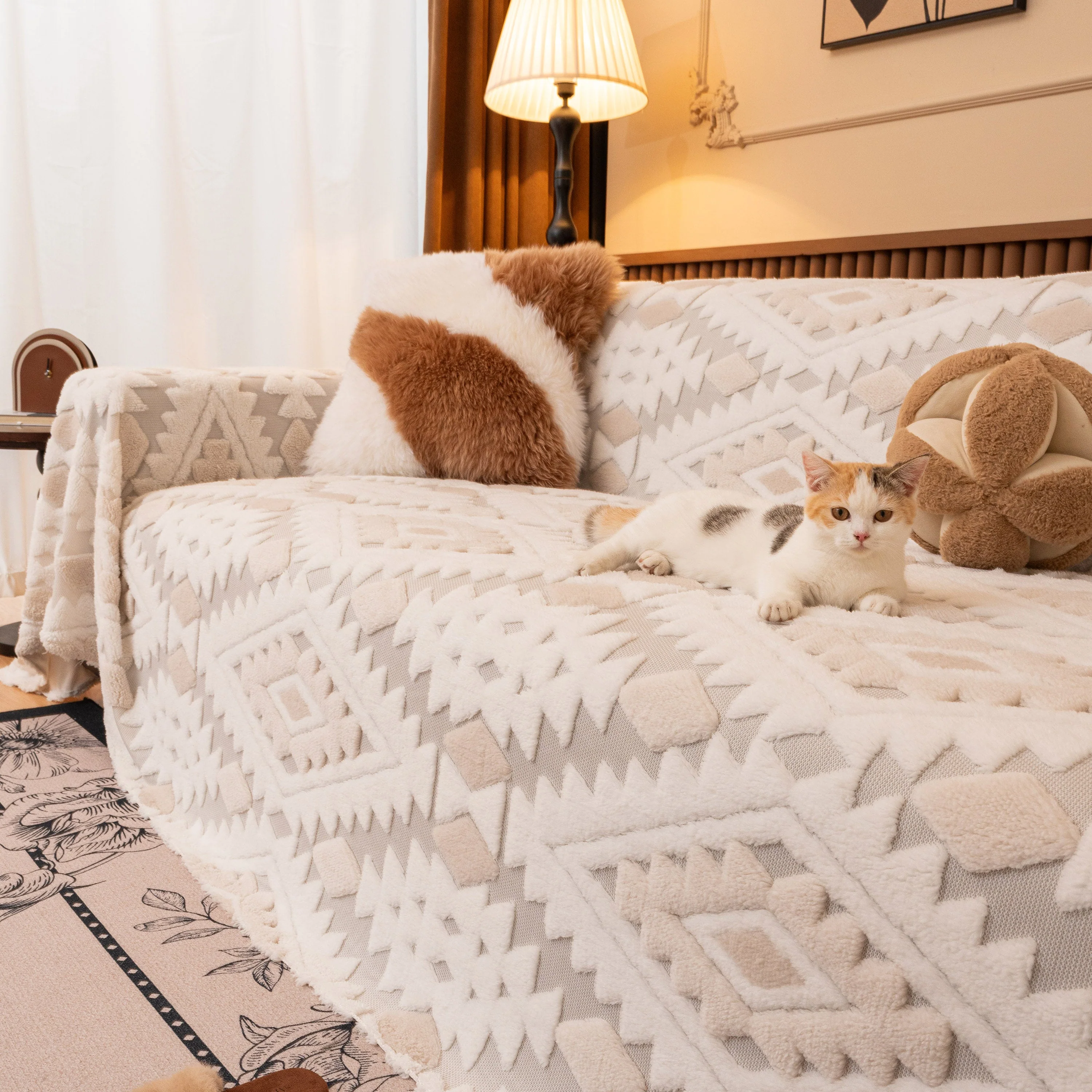 Bohemian Tufted Sofa Cover, Soft Sherpa Fleece Throw Blanket with 3D Aztec Geometric - Image 87