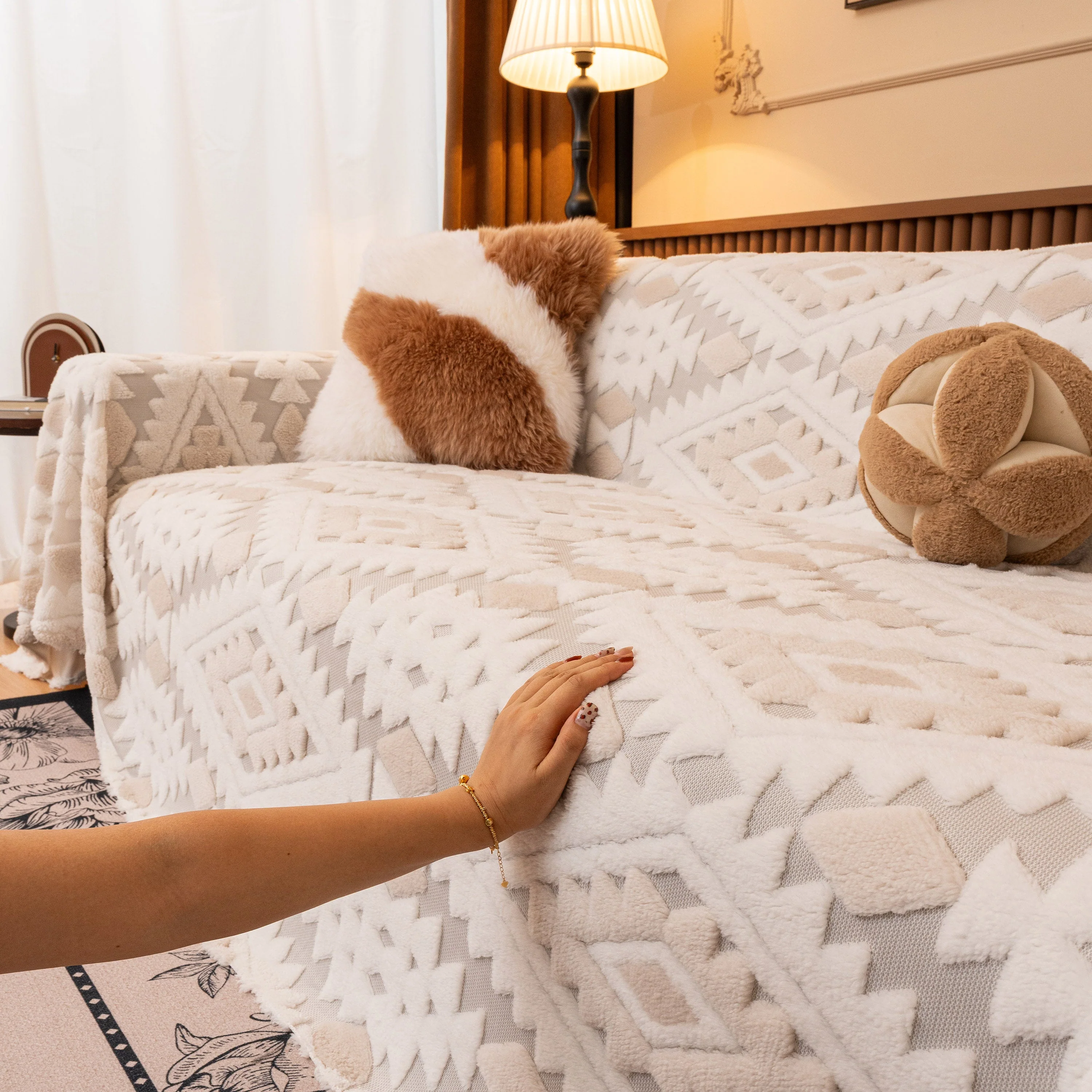 Bohemian Tufted Sofa Cover, Soft Sherpa Fleece Throw Blanket with 3D Aztec Geometric - Image 89