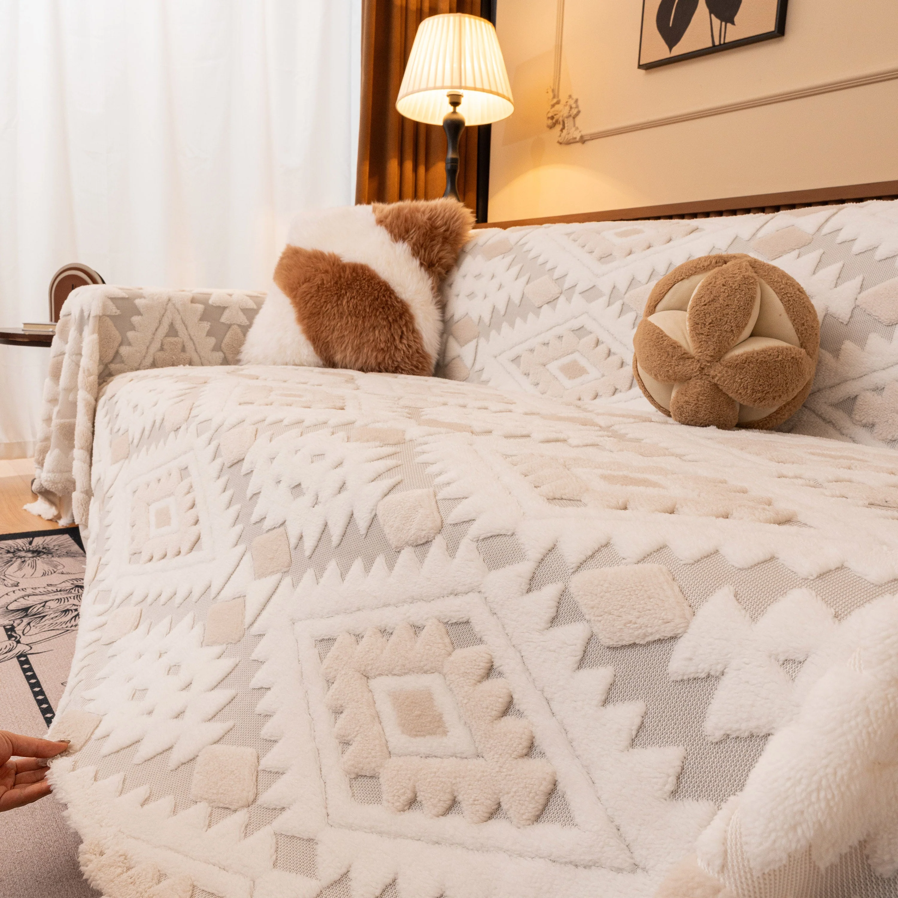 Bohemian Tufted Sofa Cover, Soft Sherpa Fleece Throw Blanket with 3D Aztec Geometric - Image 90