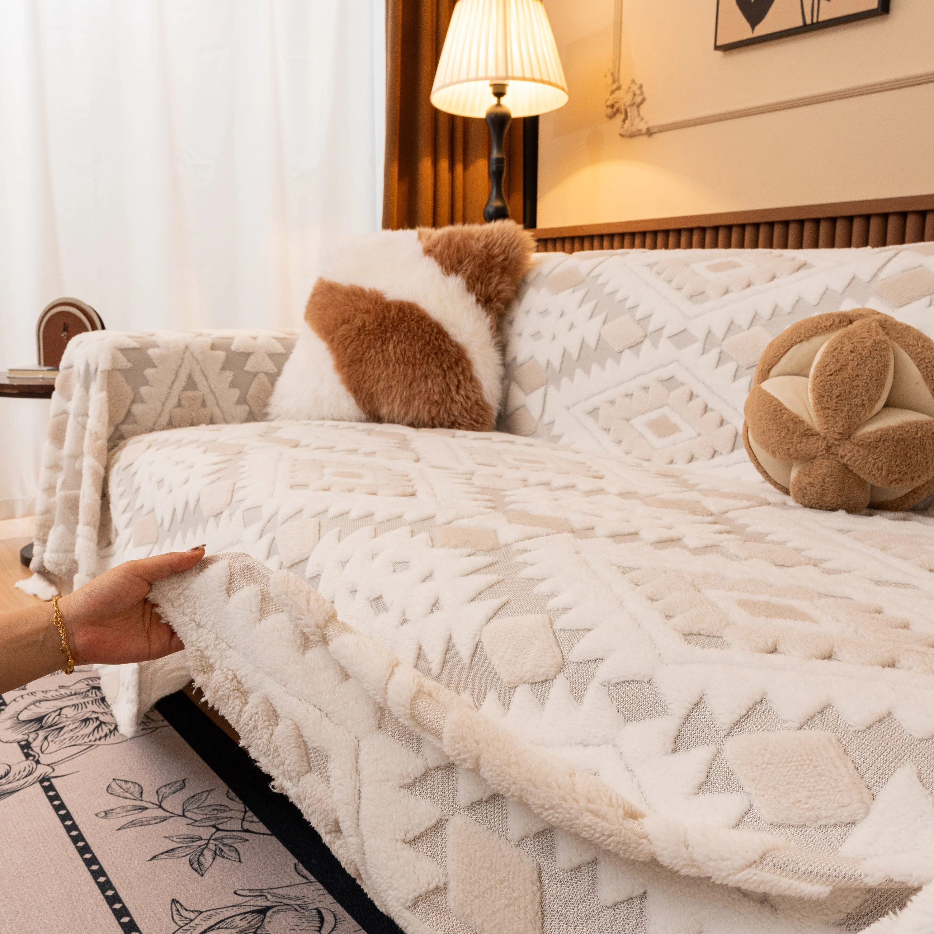 Bohemian Tufted Sofa Cover, Soft Sherpa Fleece Throw Blanket with 3D Aztec Geometric - Image 92