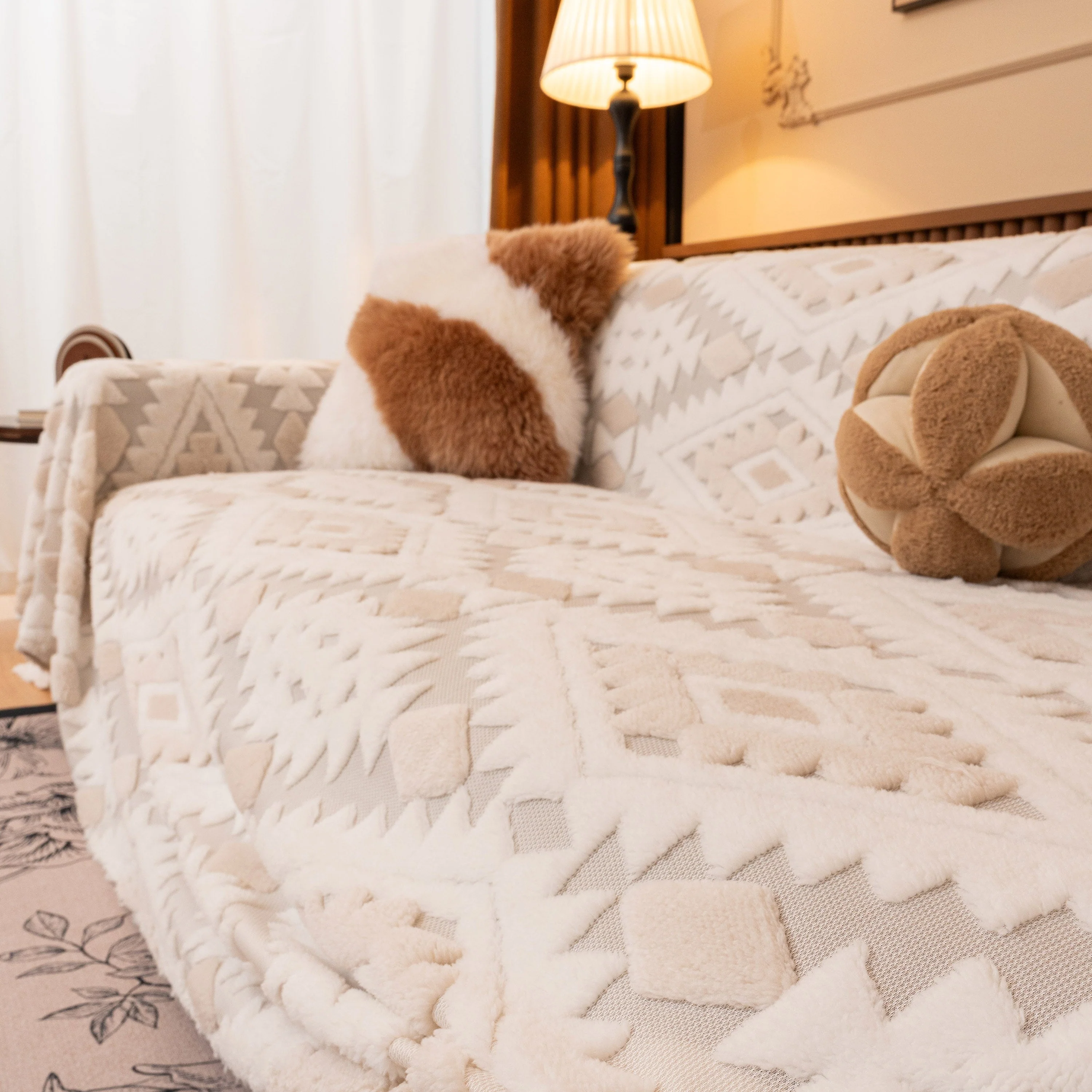 Bohemian Tufted Sofa Cover, Soft Sherpa Fleece Throw Blanket with 3D Aztec Geometric - Image 94