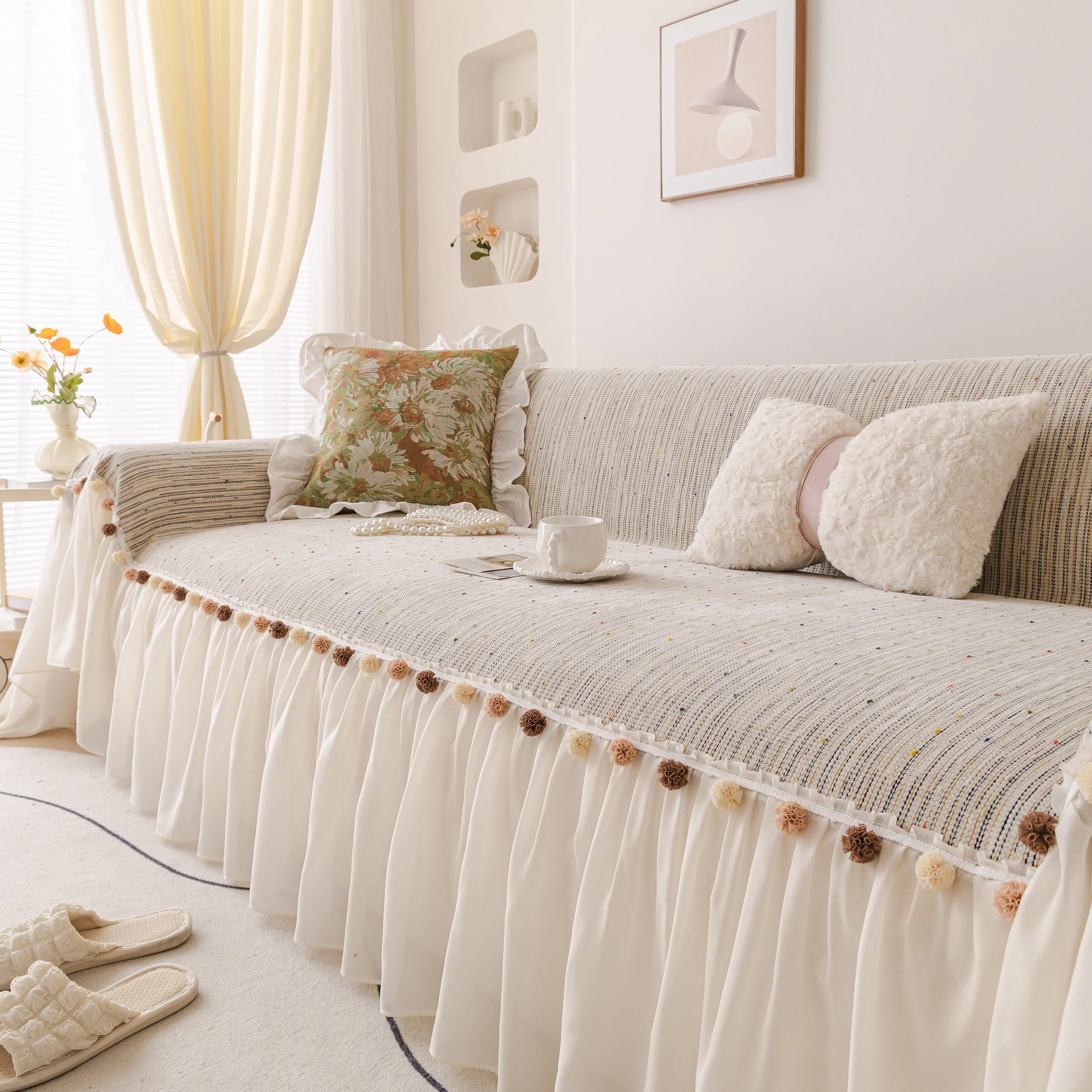 Boho Couch Cover with Knitted Stripes, Chiffon Skirt & Pom Fringe, Pet-Friendly Throw - Image 10