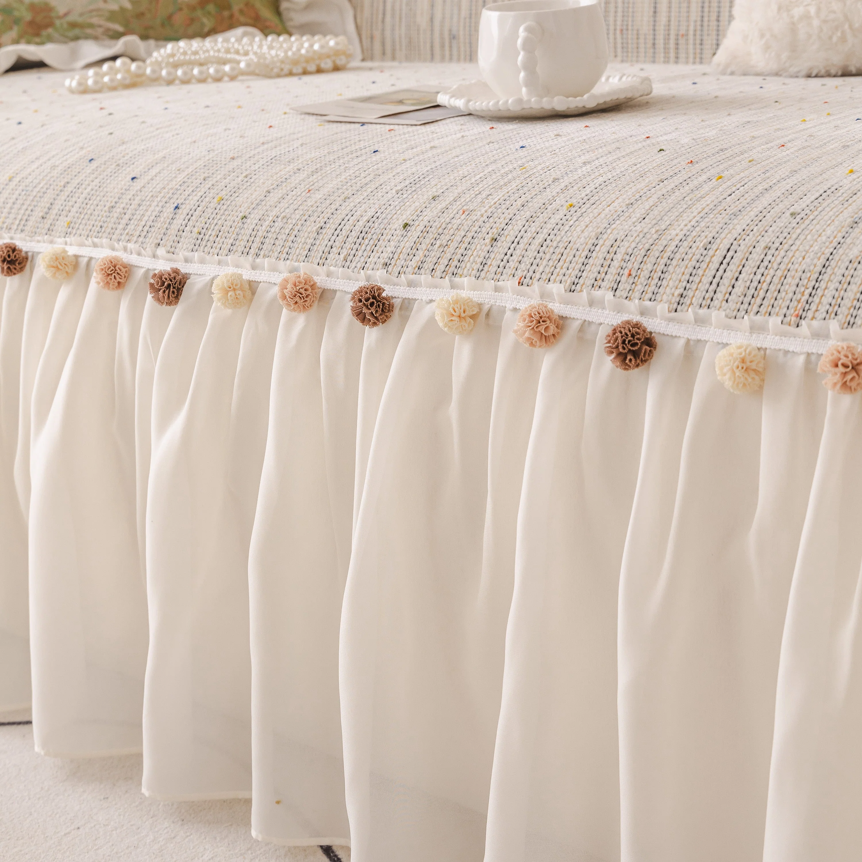 Boho Couch Cover with Knitted Stripes, Chiffon Skirt & Pom Fringe, Pet-Friendly Throw - Image 11